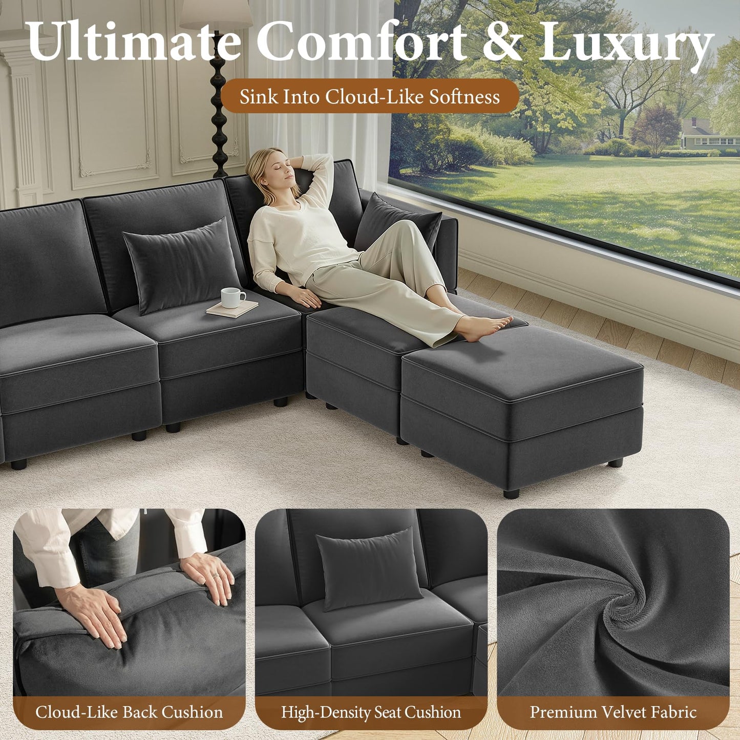 Vesgantti Modular Sofa Bed with Storage, 92" Sleeper Sofas with 9 Seats Storage Chaises Removable Cover, Luxury Large Velvet Sectional Couch Set for Living Room, Apartment, Home Theater, Gray