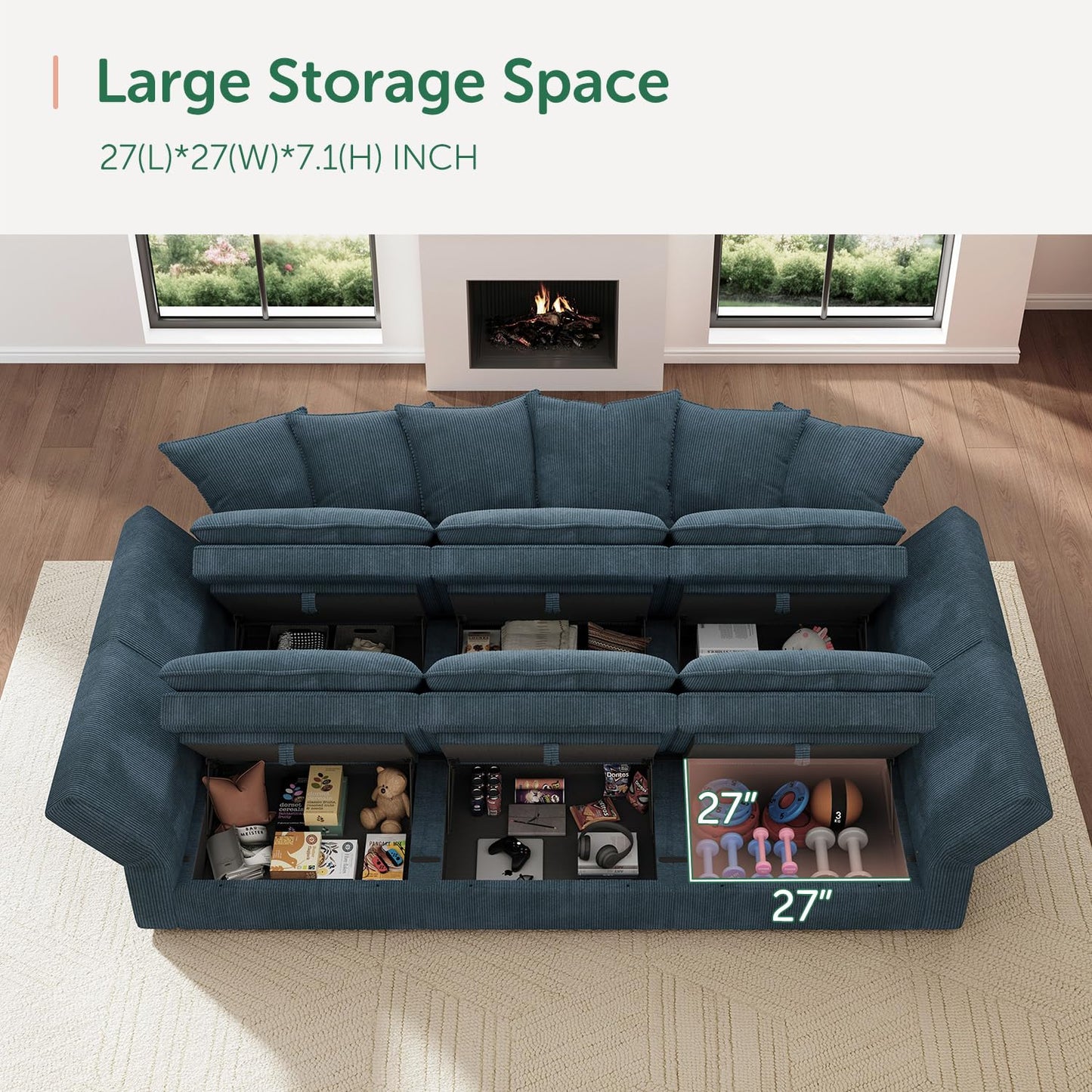HONBAY Modular Sectional Sleeper Sofa, Corduroy 6 Seater Couch with Storage, Sectional Sleeper Couches for Living Room, Blue