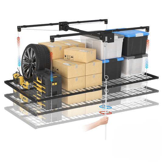 ExploreHorizon 4x8 FT Overhead Garage Lifting Storage Rack, 800 lbs Capacity & 12FT Lifting, Heavy-Duty Metal Garage Ceiling Rack, Dual Mode Lifting, Adjustable Storage System with Safety Lock