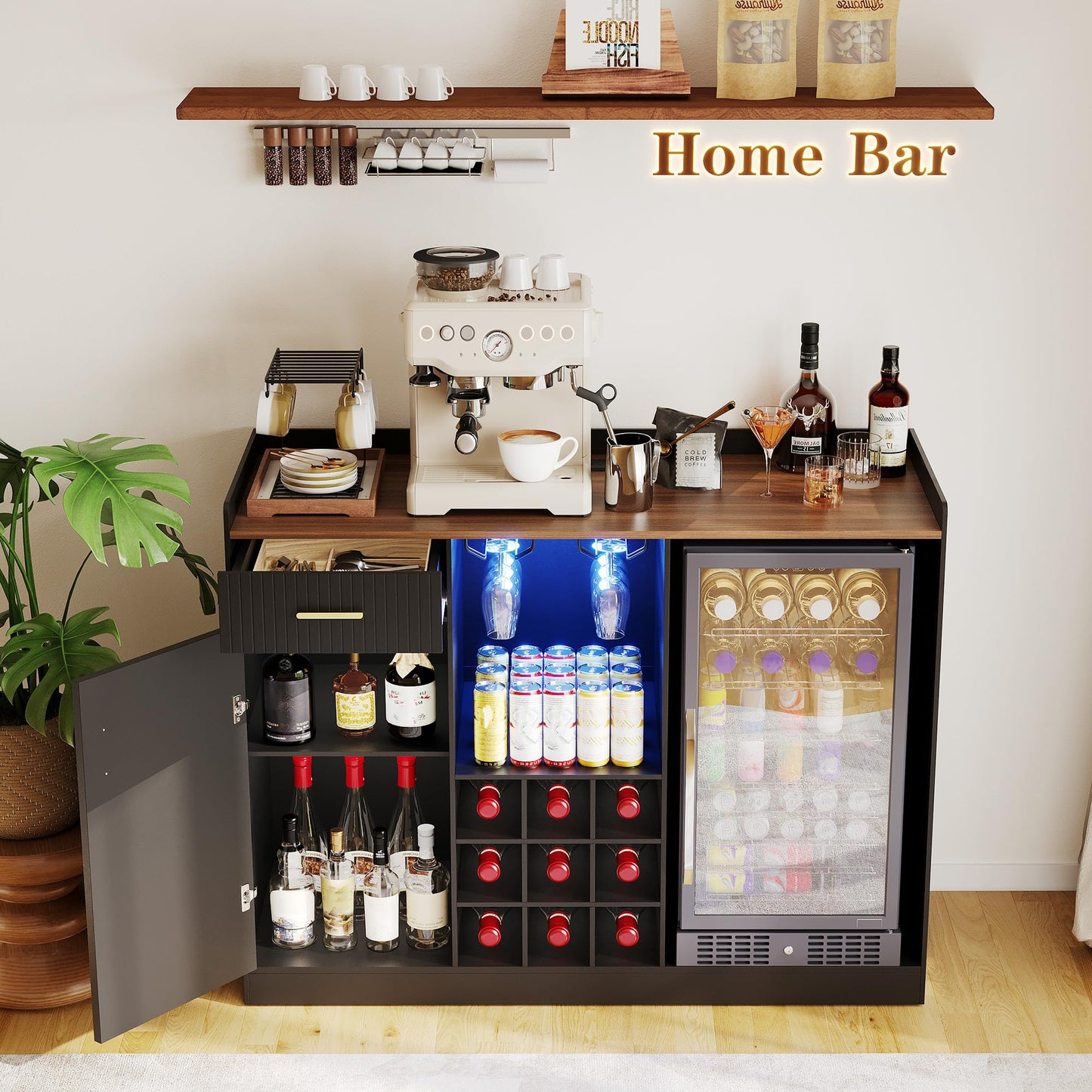 Garvee Coffee Bar Cabinet with Fridge Space, Wine Cabinet with Glass Holder, Power Outlet & LED Light, Fluted Buffet Sideboard for Home Bar, Living Room, Black