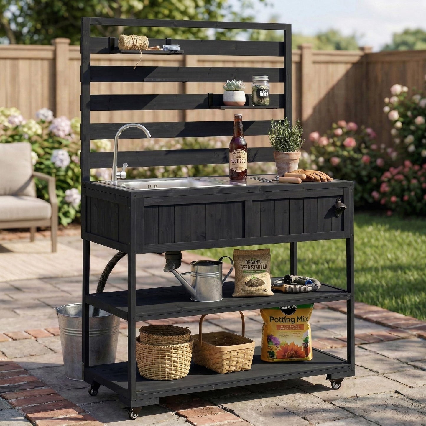 GDFStudio Elvale Patio Rolling Kitchen Island Cart with Sink, Wooden Outdoor Storage Cabinet with Stainless Steel Top, Movable Shelves, Bottle Opener and Lockable Wheels, Garden Potting Bench, Black