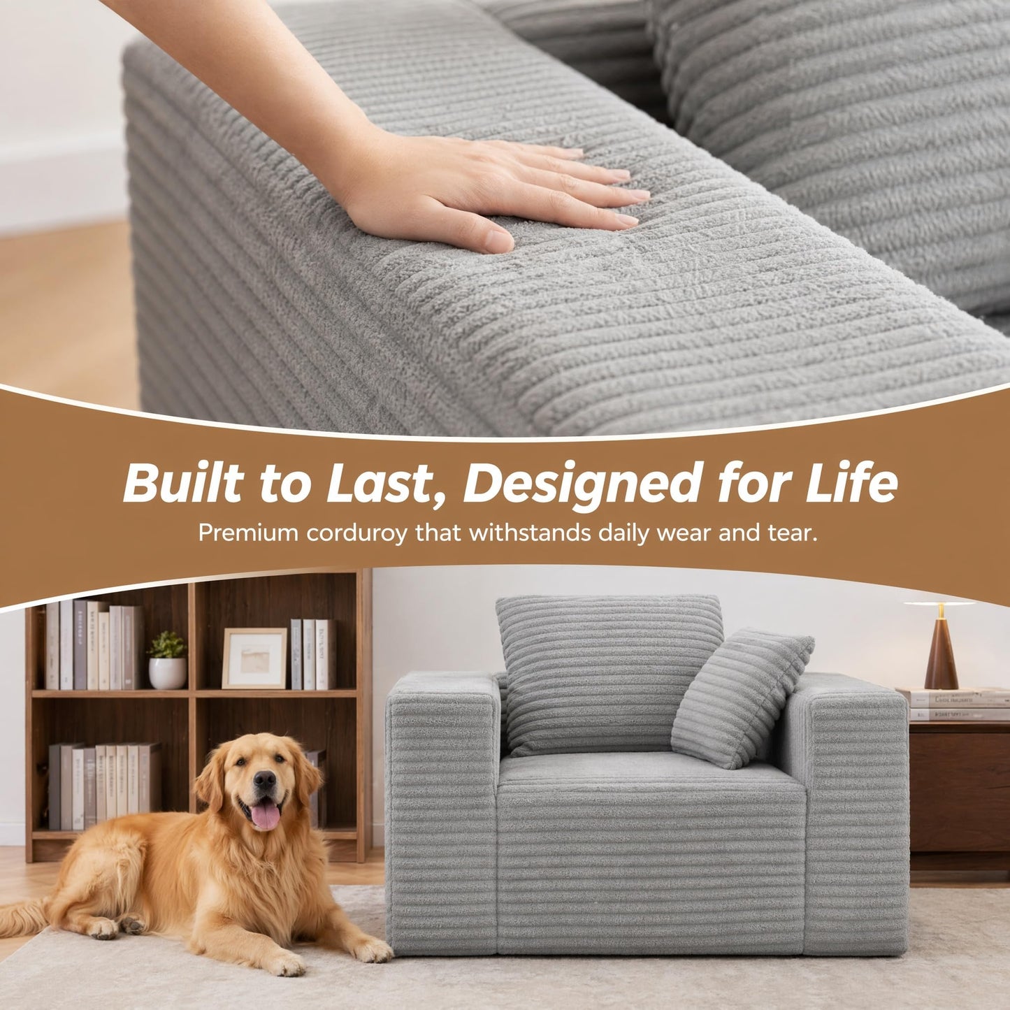 Trygoal Boneless Single Sofa Chair for Adult, Corduroy Cloud Lounge Chair with 2 Pillows & Wide Armrests, High-Density Foam Reading Couches for Living Room & Office, No Assembly Required, Light Gray