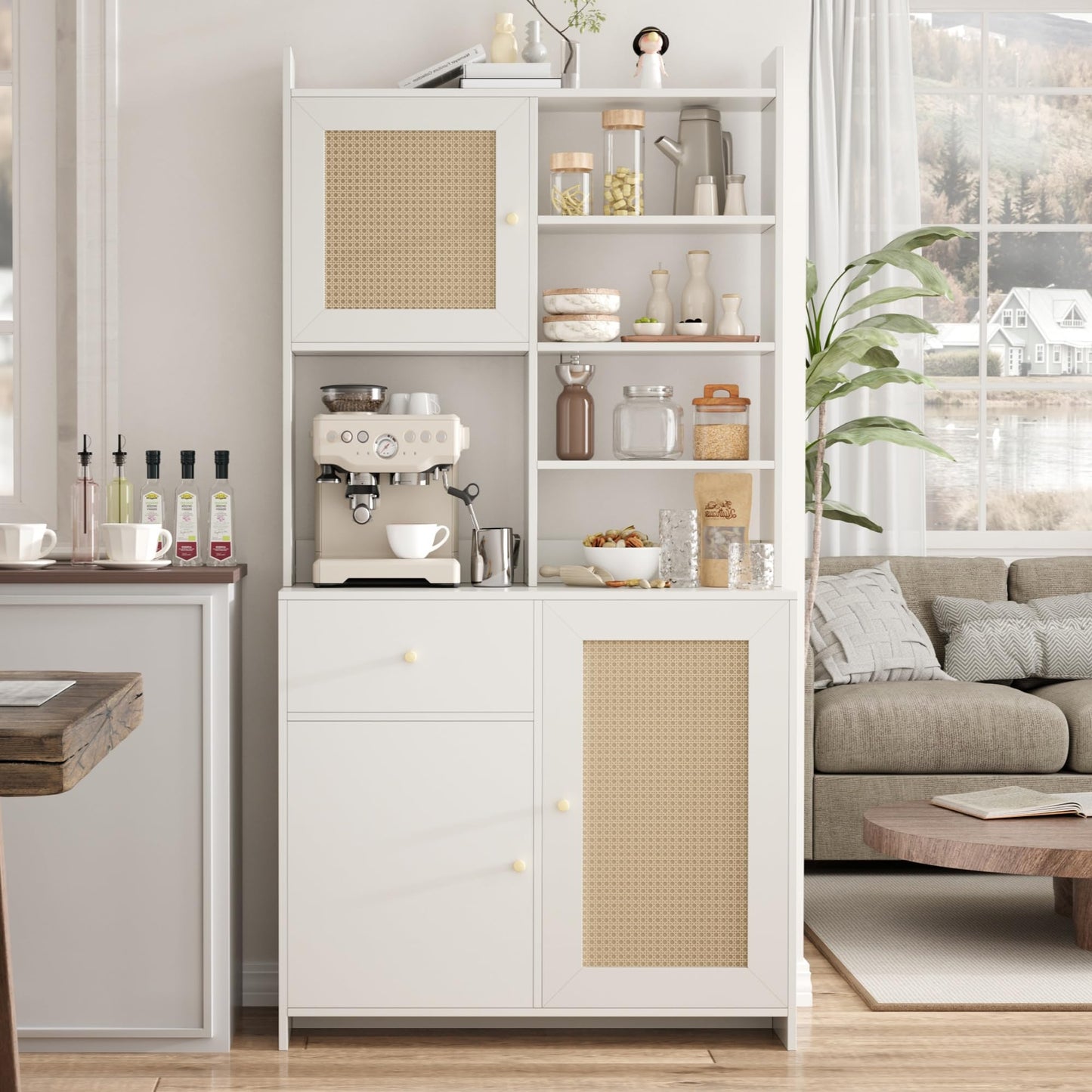 IDEALHOUSE Kitchen Pantry Cabinet with Adjustable Shelf, 71" Tall Storage Cabinet with Microwave Stand, Food Pantry Cabinets for Kitchen, Dining Room, Living Room, White