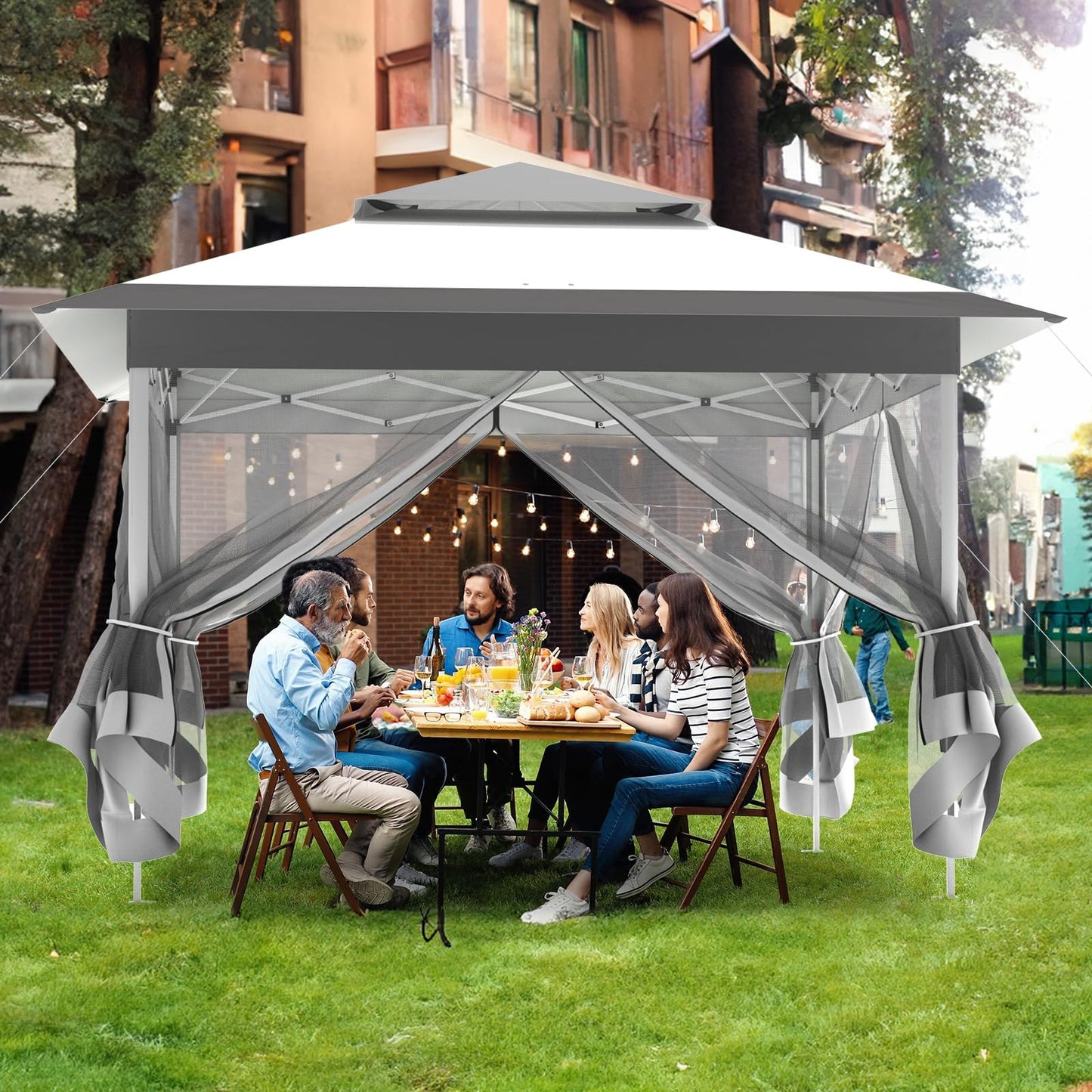 MAMIZO 13ft Pop Up Gazebo, Outdoor Instant Canopy Tent w/4 Netting Sidewall & Auto Extending Eave, Patio Gazebos Shelter w/Mesh Wall, Center Lock, Wheeled Bag for Garden, Yard (Grey, 13X13FT)