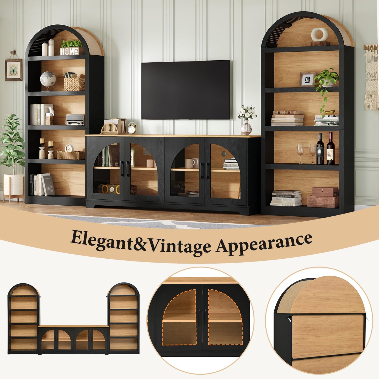 Merax Vintage Farmhouse TV Stand Set for TVs Up to 70" with Bookshelves, Two-Tone & Arched Design Entertainment Center with Tempered Glass Doors, 3-Piece Retro Media Console Sideboard, Black