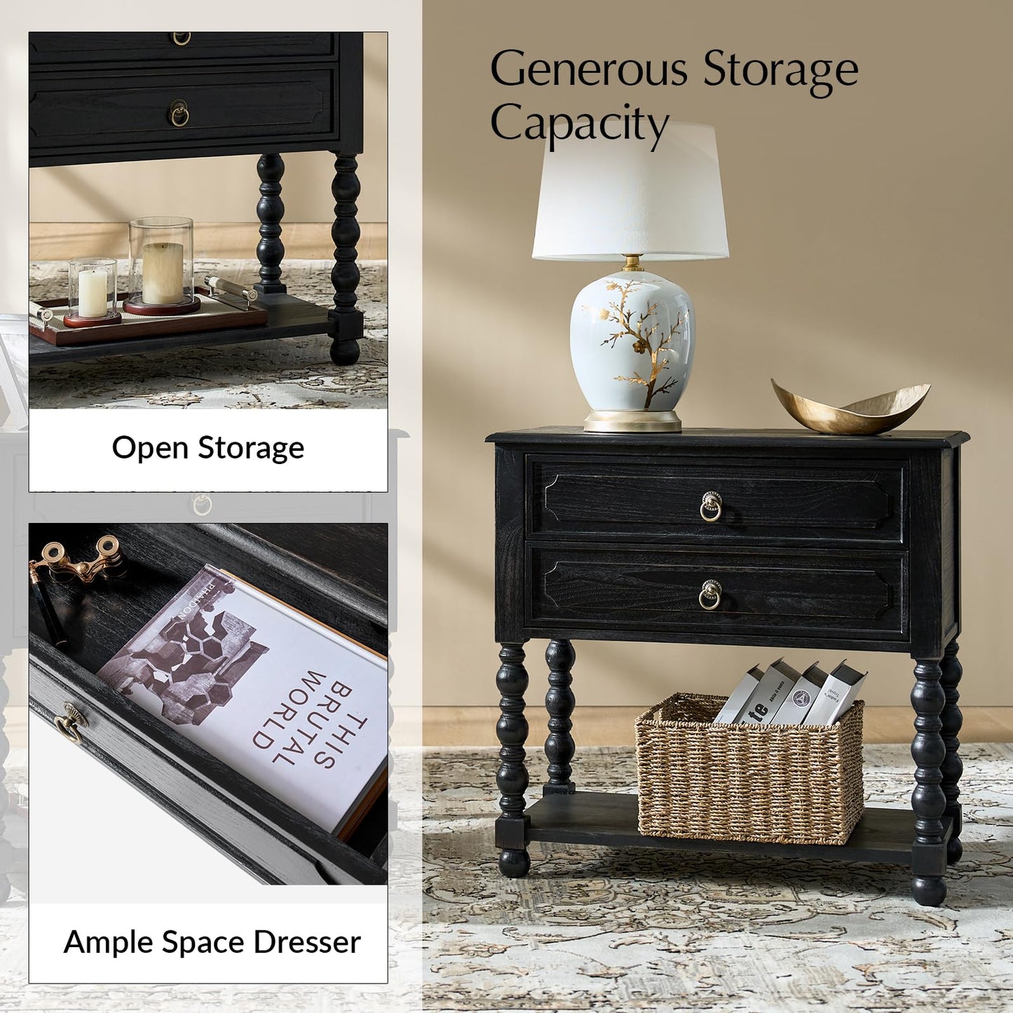 HULALA HOME Farmhouse Storage End Table with 2 Drawers and Open Shelf, Solid Wood Side Table with Spindle Legs, End Table with Charging Station (Charcoal)