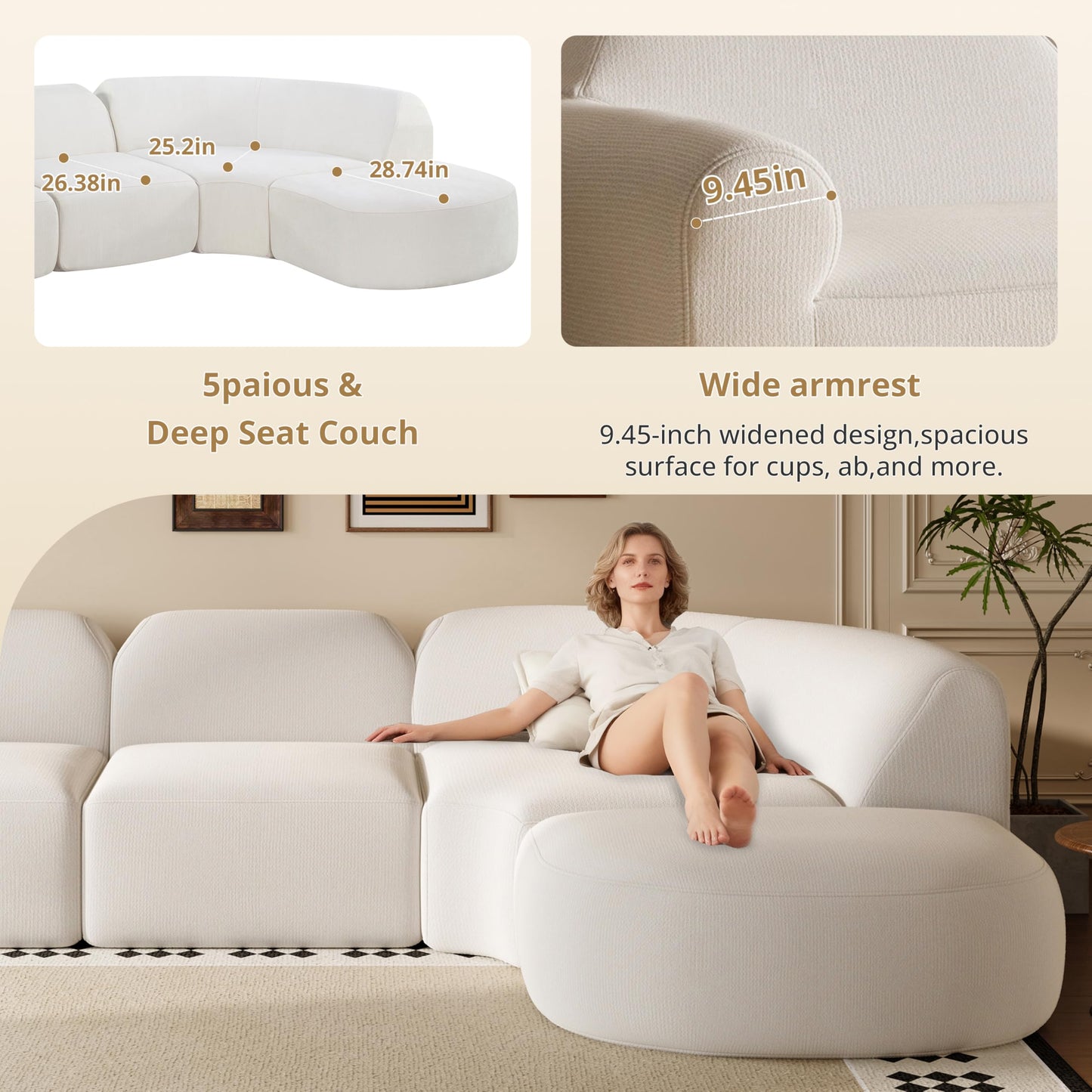 Christopher Knight Home Midel 111" Modular L-Shape Sofa Couch with Chaise Lounge, Modern Boneless Sofa for Living Room, Fabric Upholstered Cloud Couch with Deep Seat, Milky White