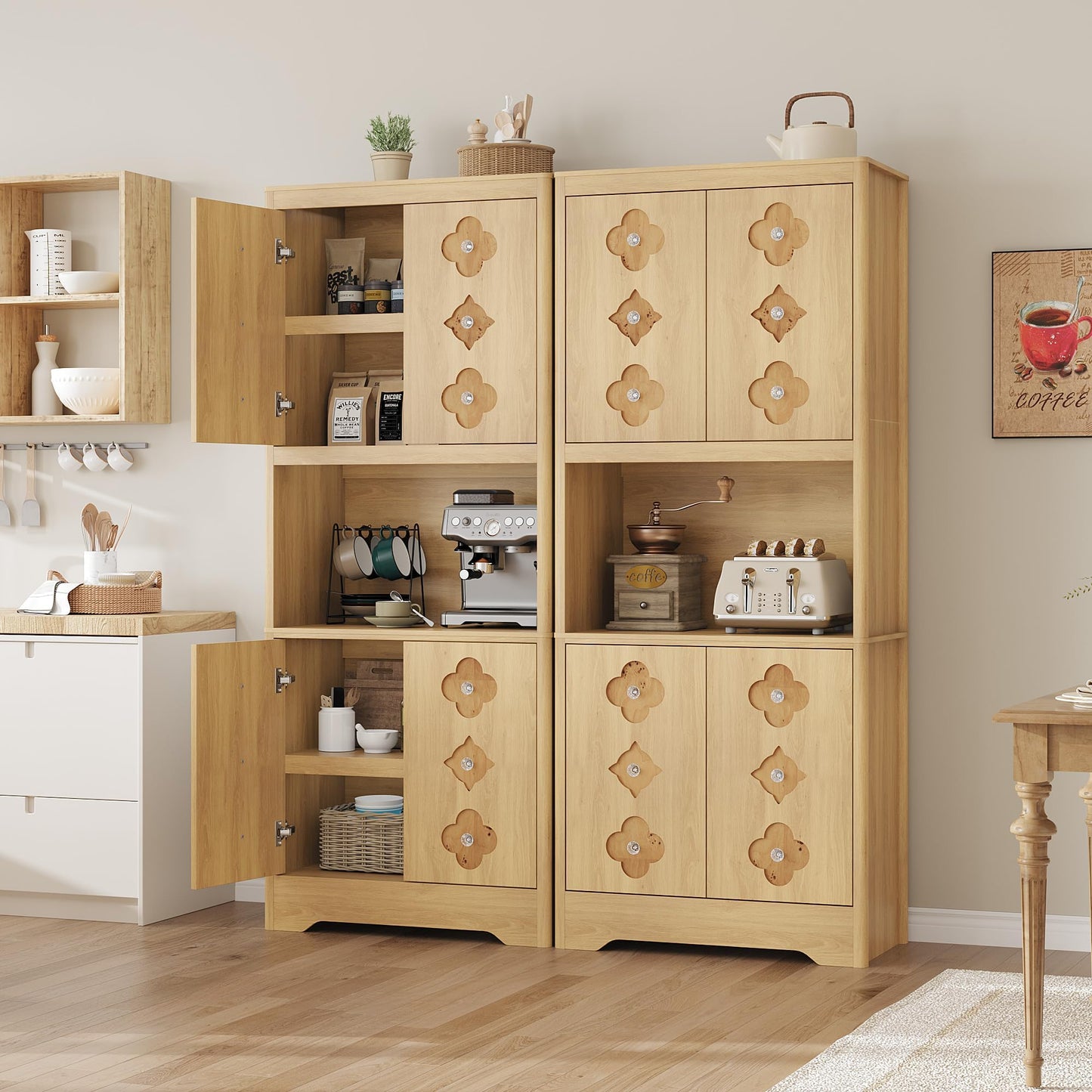 IDEALHOUSE Mid Century Modern Kitchen Pantry Cabinet, 72" Tall Storage Cabinet with Microwave Shelf, Wooden Freestand Cupboard with Carved Flower Door & Crystal Handle, for Dining Room