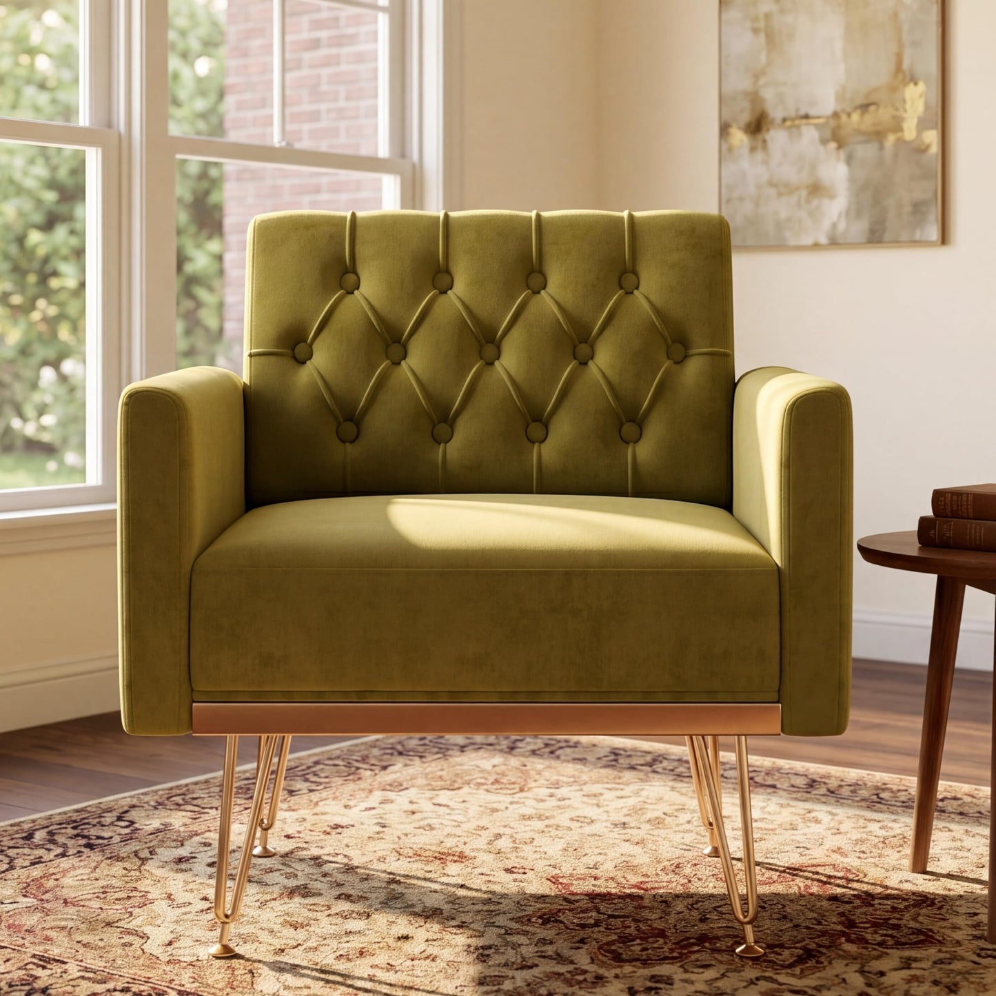 KEIKI Small Velvet Accent Chair, 31 Inch Modern Tufted Upholstered Armchair with Metal Leg, Comfortable Single Sofa Side Reading Chairs, Comfy Arm Chair for Bedroom Living Room, Easy Assembly, Green