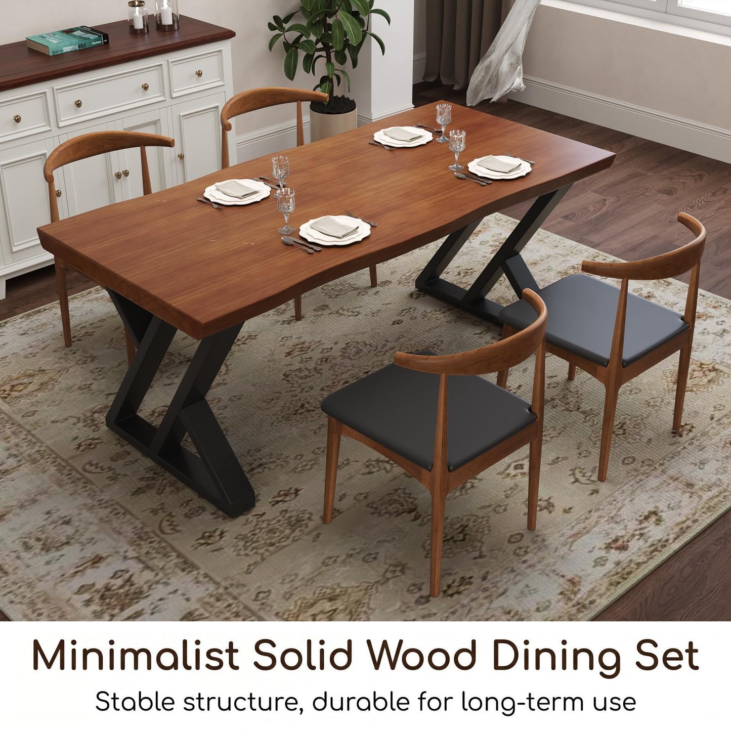 tiedingding 47" Solid Wood Dining Table, Rectangular Kitchen Table with Irregular Live Edge & Thick Tabletop, X-Shape Metal Legs, Oil Proof & Easy Clean, Rustic Brown， for 2-4 People