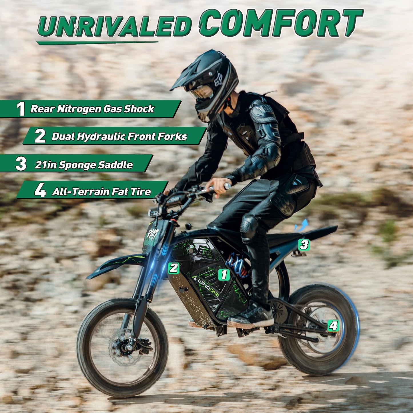 Windone RM7 Electric Dirt Bike, 48V 22.5Ah, 37MPH & 45-Mile Electric Motorcycle, 2200W Ebike, 14"/12" Off-Road Tire E-Bike, Dual Hydraulic Brakes, Full Suspension, Fit Age 13+, Green Lightning