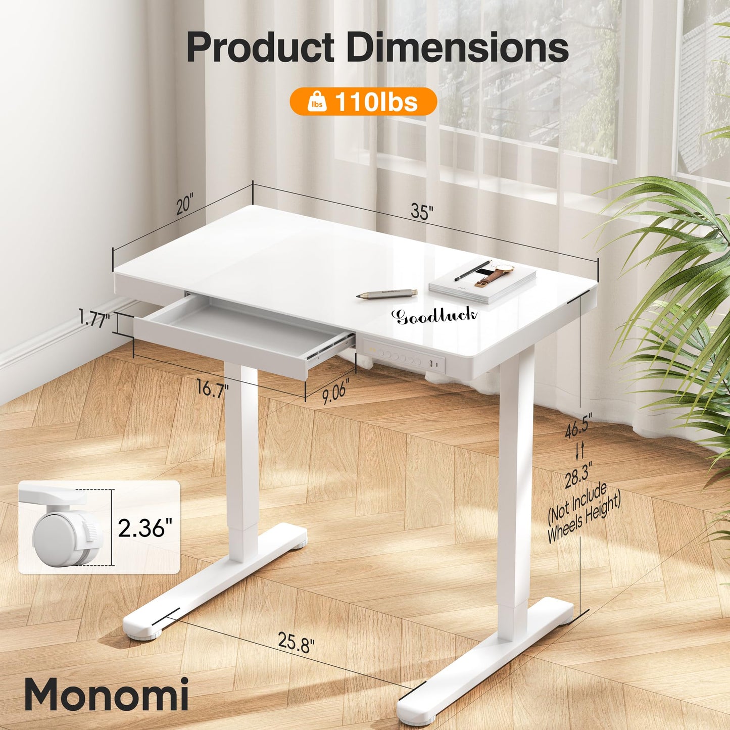 Monomi 35" Glass Standing Desk with Drawer and USB Ports, Electric Height Adjustable Desk for Home Office, White Sit Stand Table with Storage, Easy Assembly Computer Desk for Small Spaces