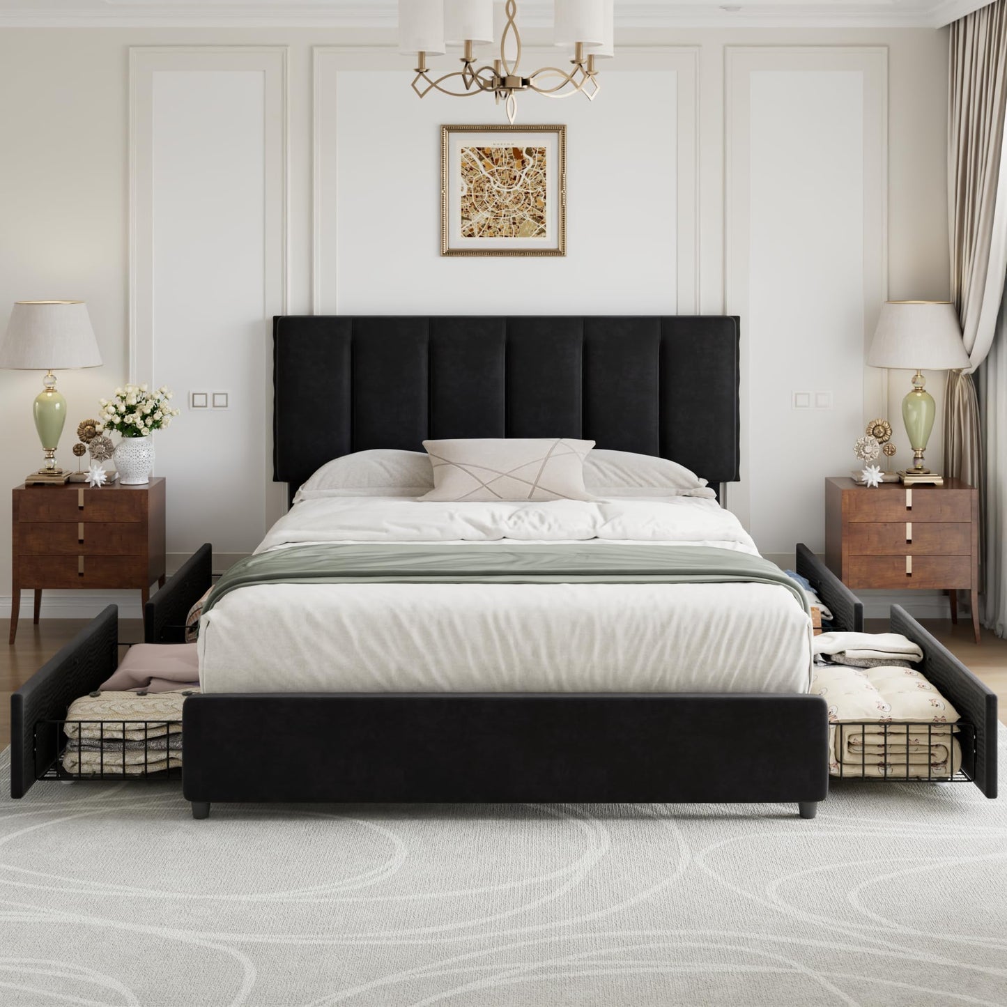 VECELO Queen Size Bed Frame with 4 Storage Drawers, Adjustable Height Headboard, Heavy-Duty Platform Bedframe with Strong Wooden Slats, No Box Spring Needed, Black