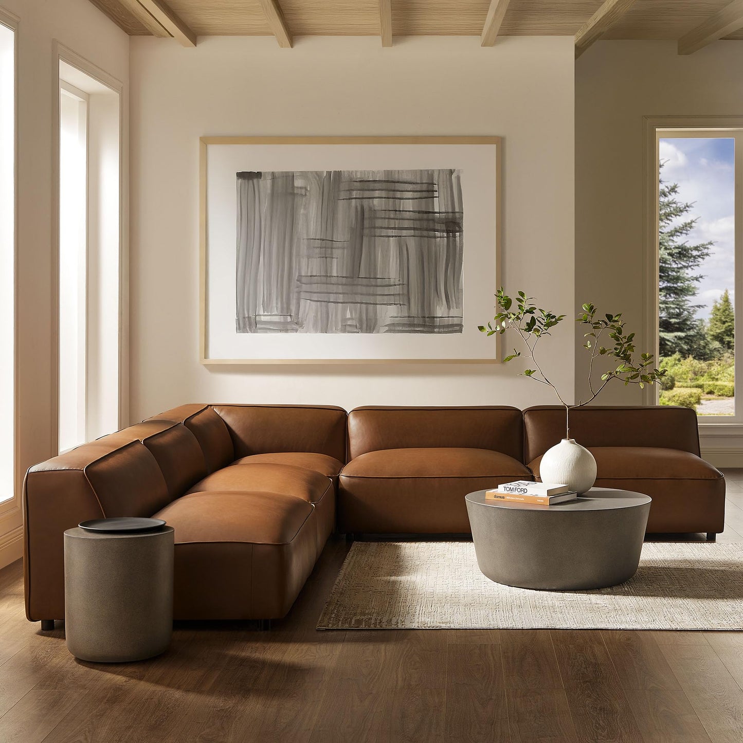 Modway Auren Vegan Leather 5 Piece Armless Modular Sofa in Coffee - Faux Leather L Shaped Sectional - Comfy Modern PU Leather Sofa - Oversized Mid Century Modern Couch for Living Room