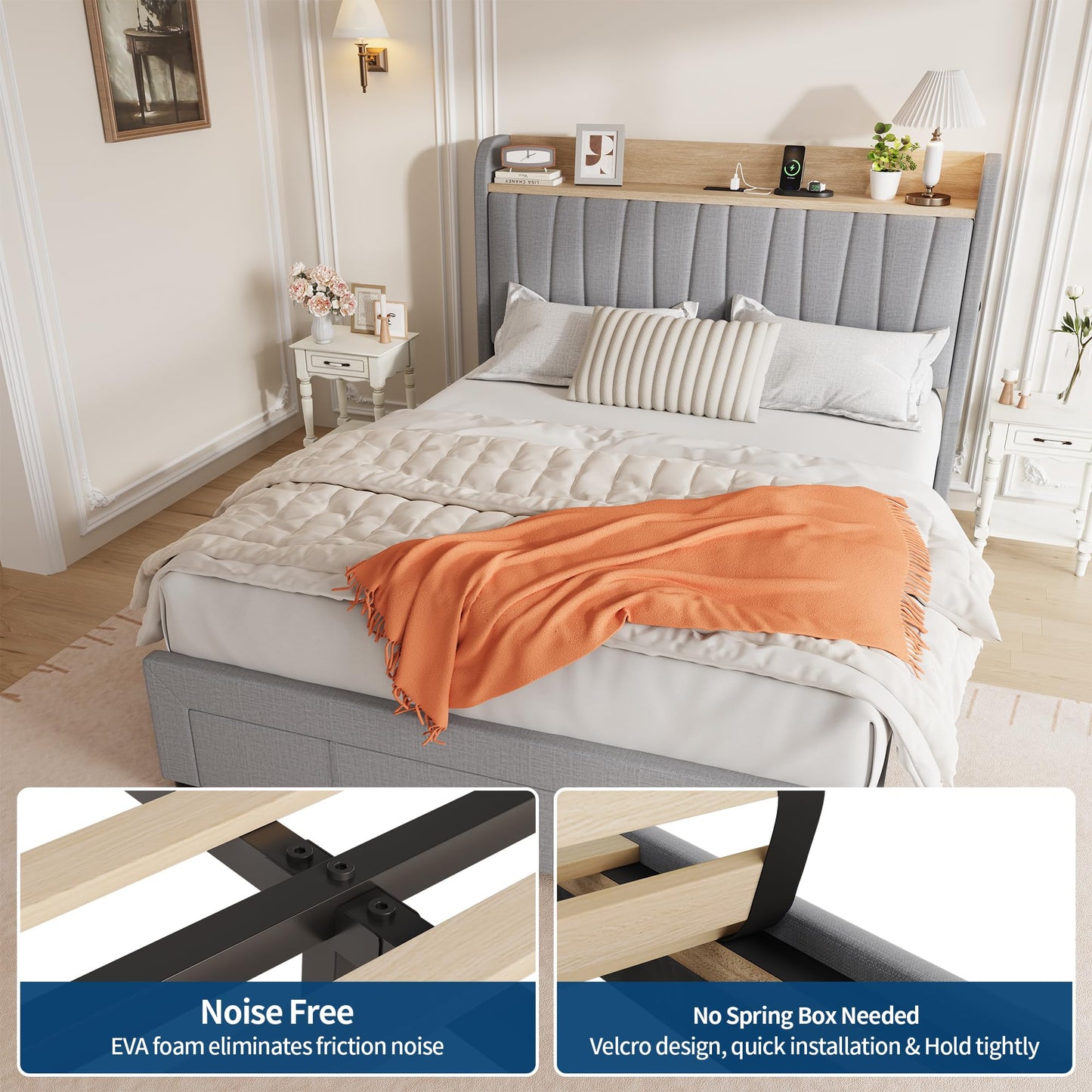 Garvee Queen Upholstered Platform Bed Frame with Storage Headboard, Drawers, Built-in Charging Station, Sturdy & Noise-Free, No Box Spring Needed, Easy Assembly, Grey