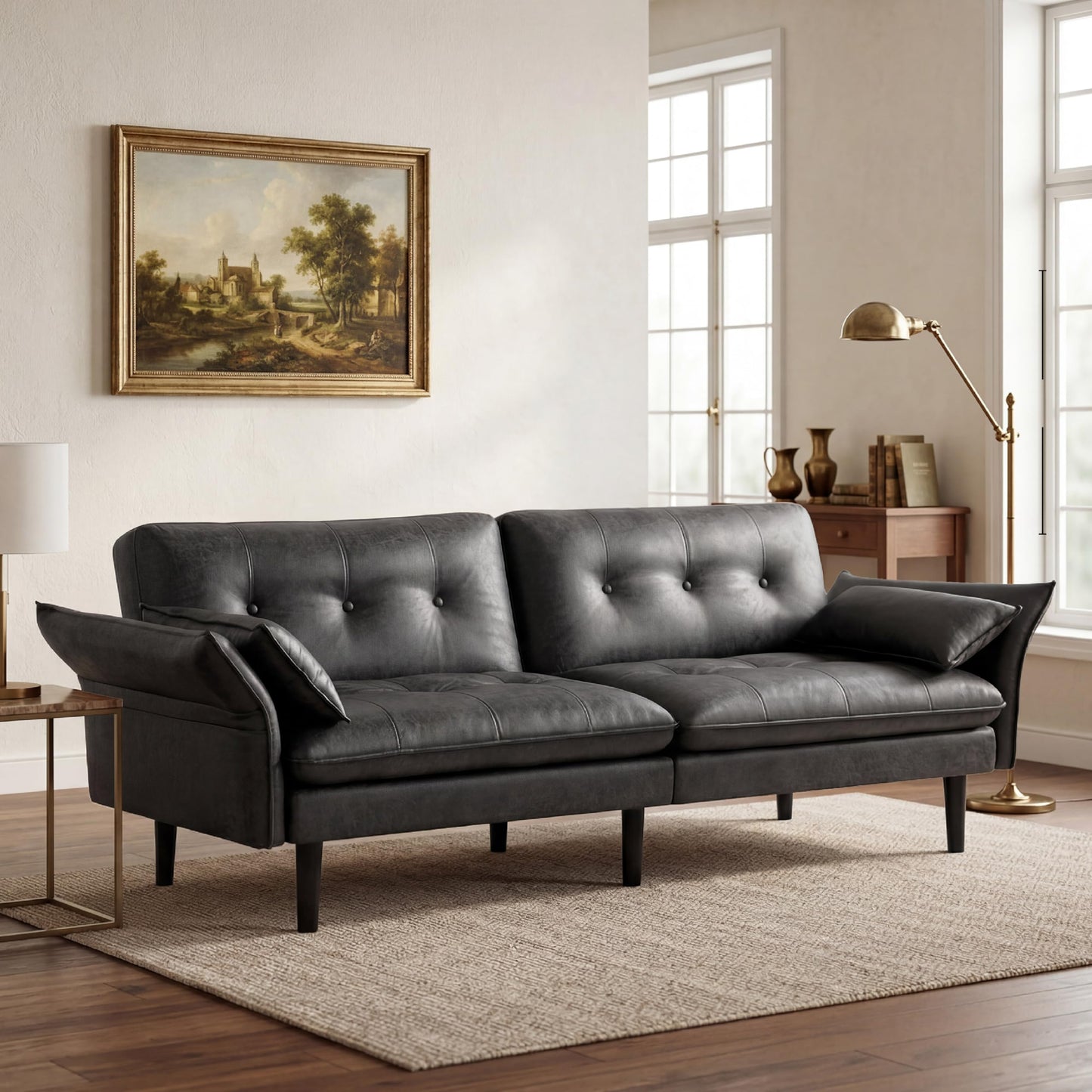 Attalee Convertible Futon Sofa Bed, Faux Leather Futon Couch with 3 Adjustable Angles & Armrests, Sleeper Sofa with Side Pockets for Living Room, Bedroom, Apartment, Grey(Black)