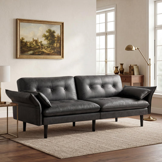 Attalee Convertible Futon Sofa Bed, Faux Leather Futon Couch with 3 Adjustable Angles & Armrests, Sleeper Sofa with Side Pockets for Living Room, Bedroom, Apartment, Grey(Black)