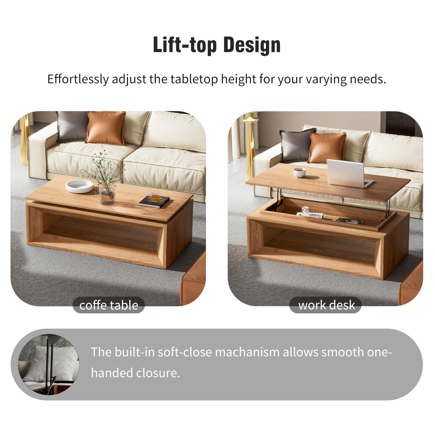 KEIKI 43.3" Lift-Top Coffee Table with Hydraulic Storage, Converts to Desk or Dining Table, Hidden Compartment, Open Shelf, Multifunctional Small Coffee Table for Living Room, Office, Natural Wood