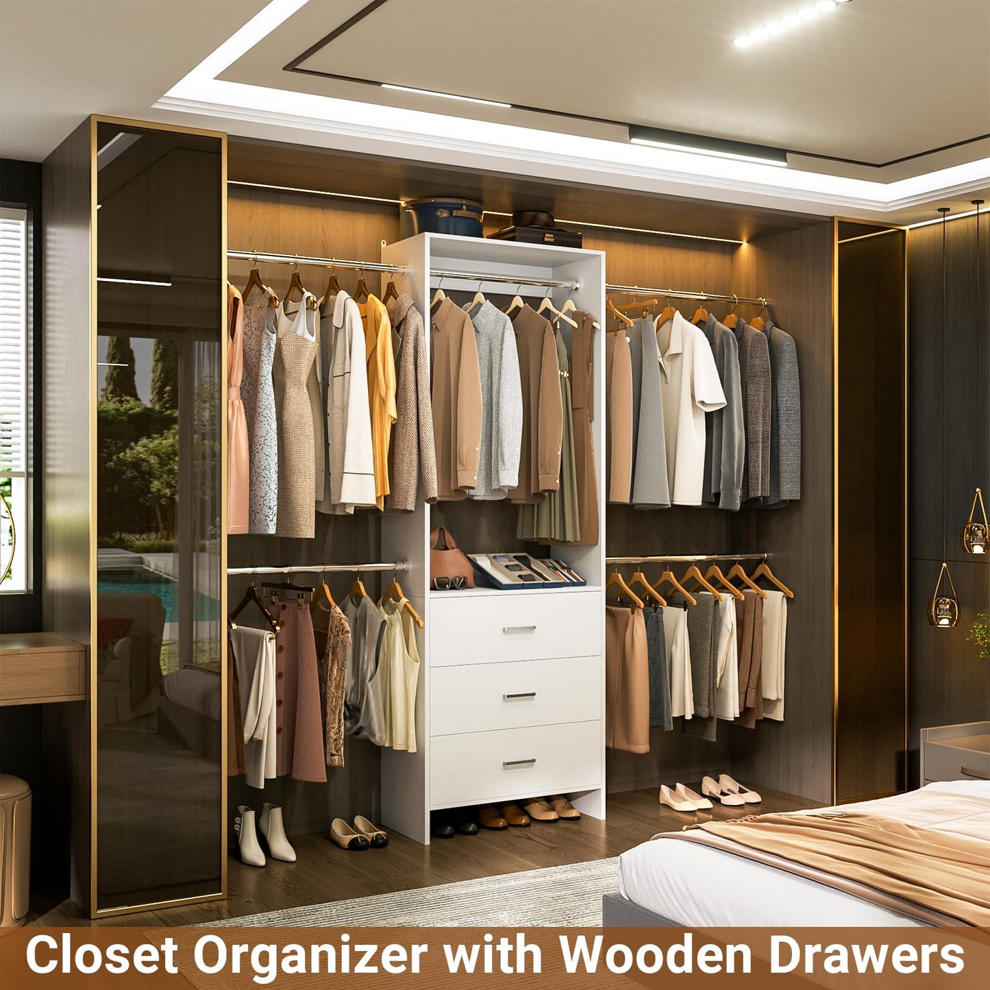 Aheaplus Closet System, Closet Organizer with 3 Wooden Drawers, Closet Organizer System, Walk-in Closet Wardrobe Clothes Rack with 4 Hanging Rods, Garment Rack, -4R, White