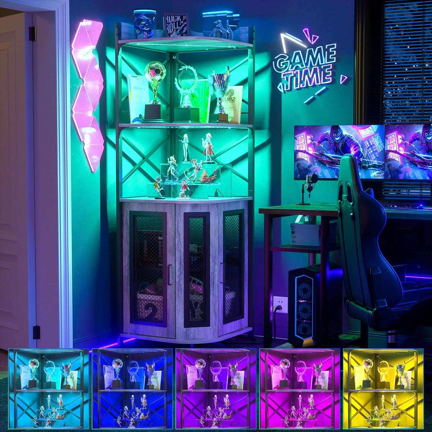 Aheaplus Corner Bar Cabinet with Power Outlet, Industrial Wine Cabinet with LED Strip and Glass Holder, 5-Tiers Liquor Cabinet Bar Unit for Home, Corner Display Cabinet for Small Space, White Oak
