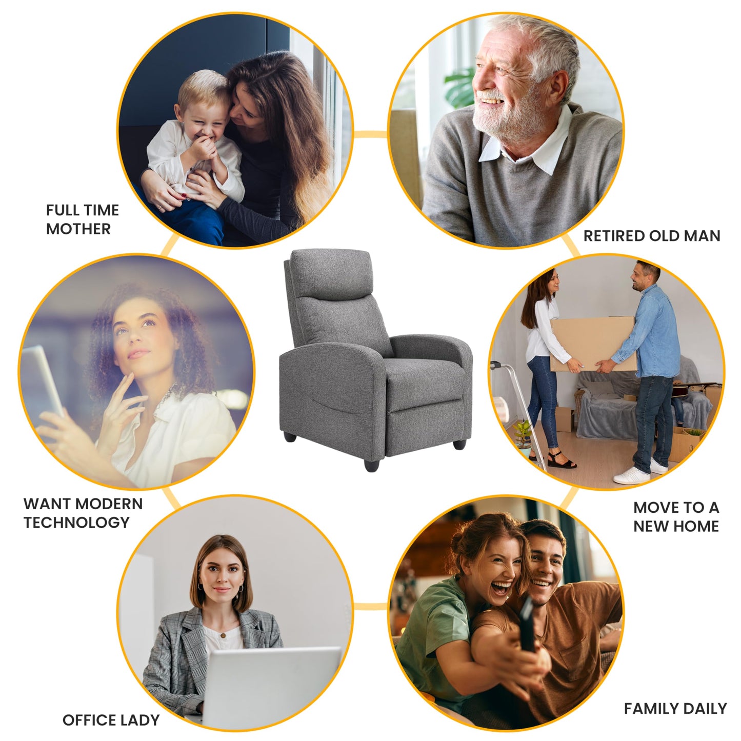 HealSmart Adjustable Push Back Massage Recliner Chair, Soft Fabric Lounge Sofa for Reading & Relaxing, Perfect Home Theater Chair for Living Room & Bedroom, Grey
