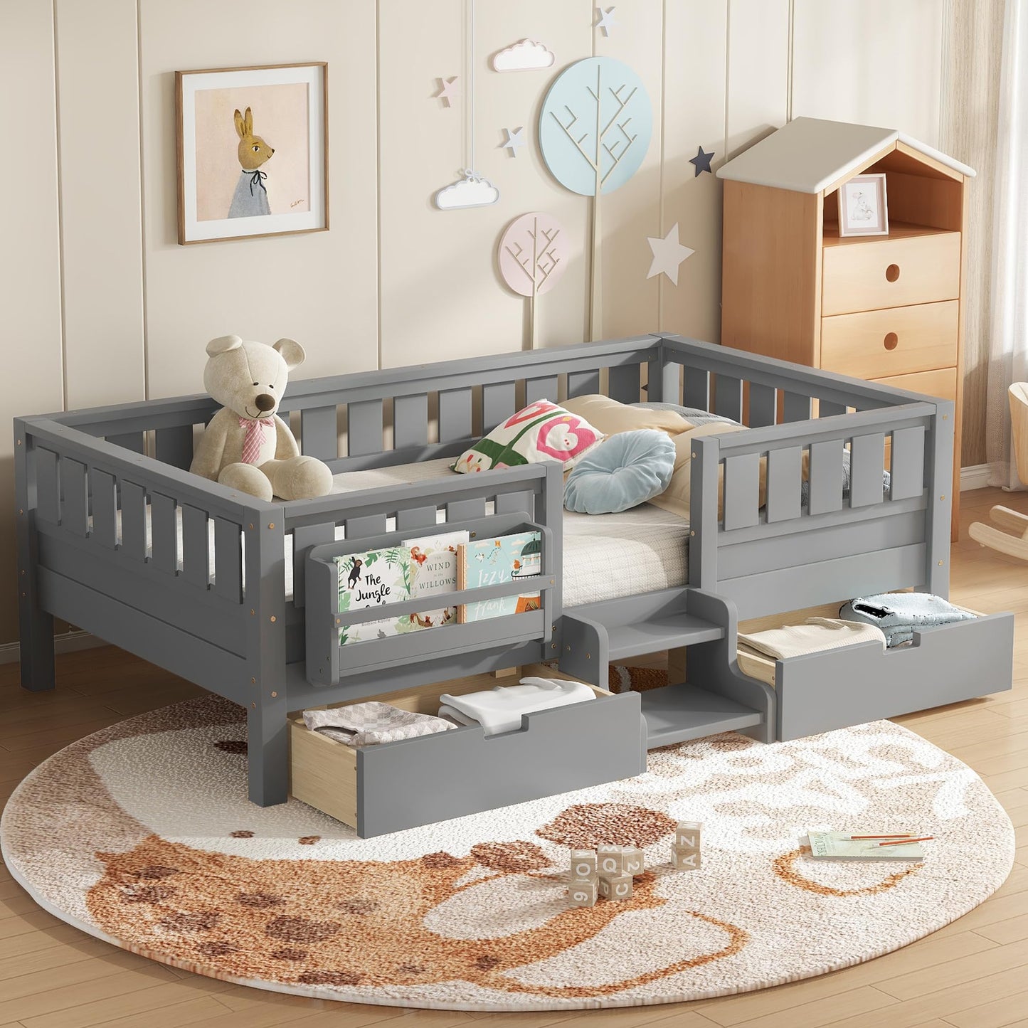 Bellemave Twin Bed with Slats and Stairs, Twin Size Platform Bed Frame with Fence, Bookshelf and Storage Drawers, Easy Assemble Beds for Kids, Girls, Boys, Gray