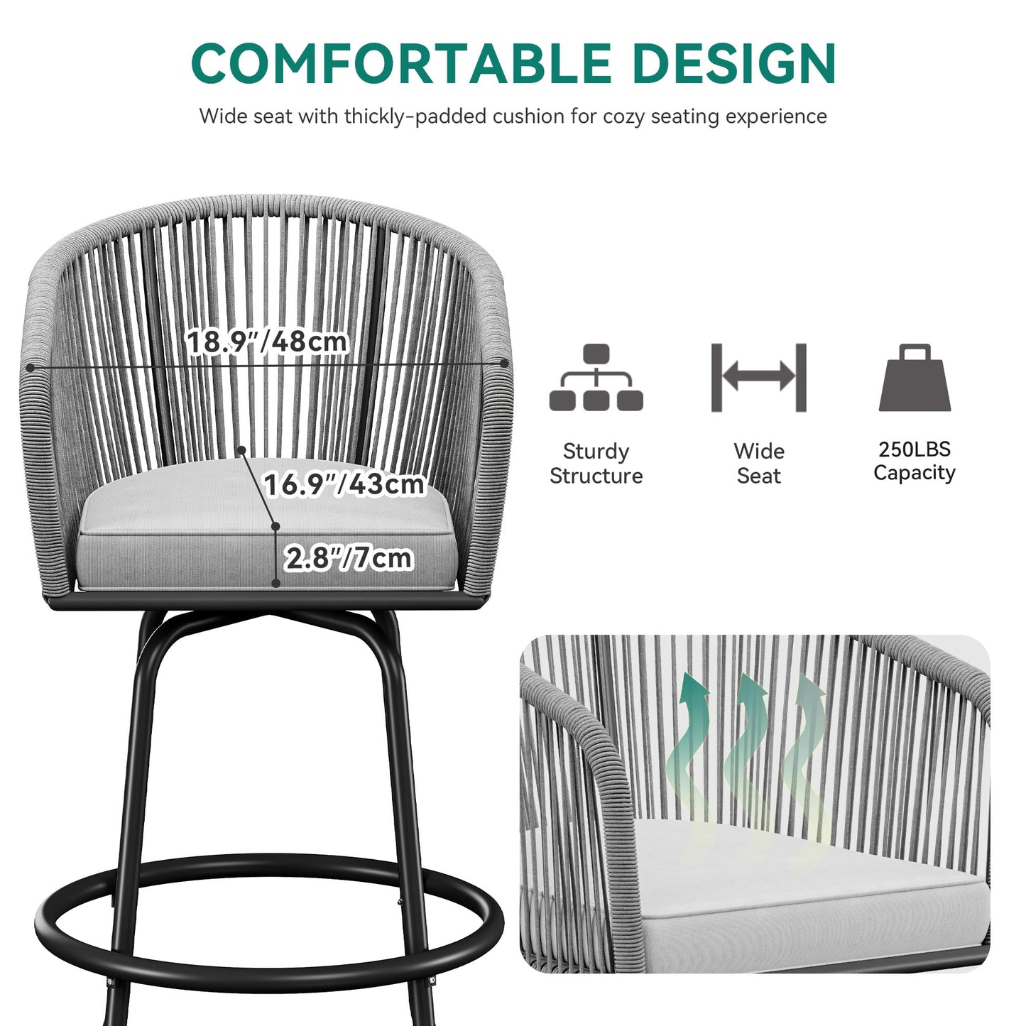 YITAHOME 27" Bar Stools Set of 4 with Arms & Cushions, 360° Swivel Outdoor Bar Stools, All Weather Counter Height Bar Stools Set of 4 with Curved Back for Backyard, Kitchen Island, Dining Room, Gray