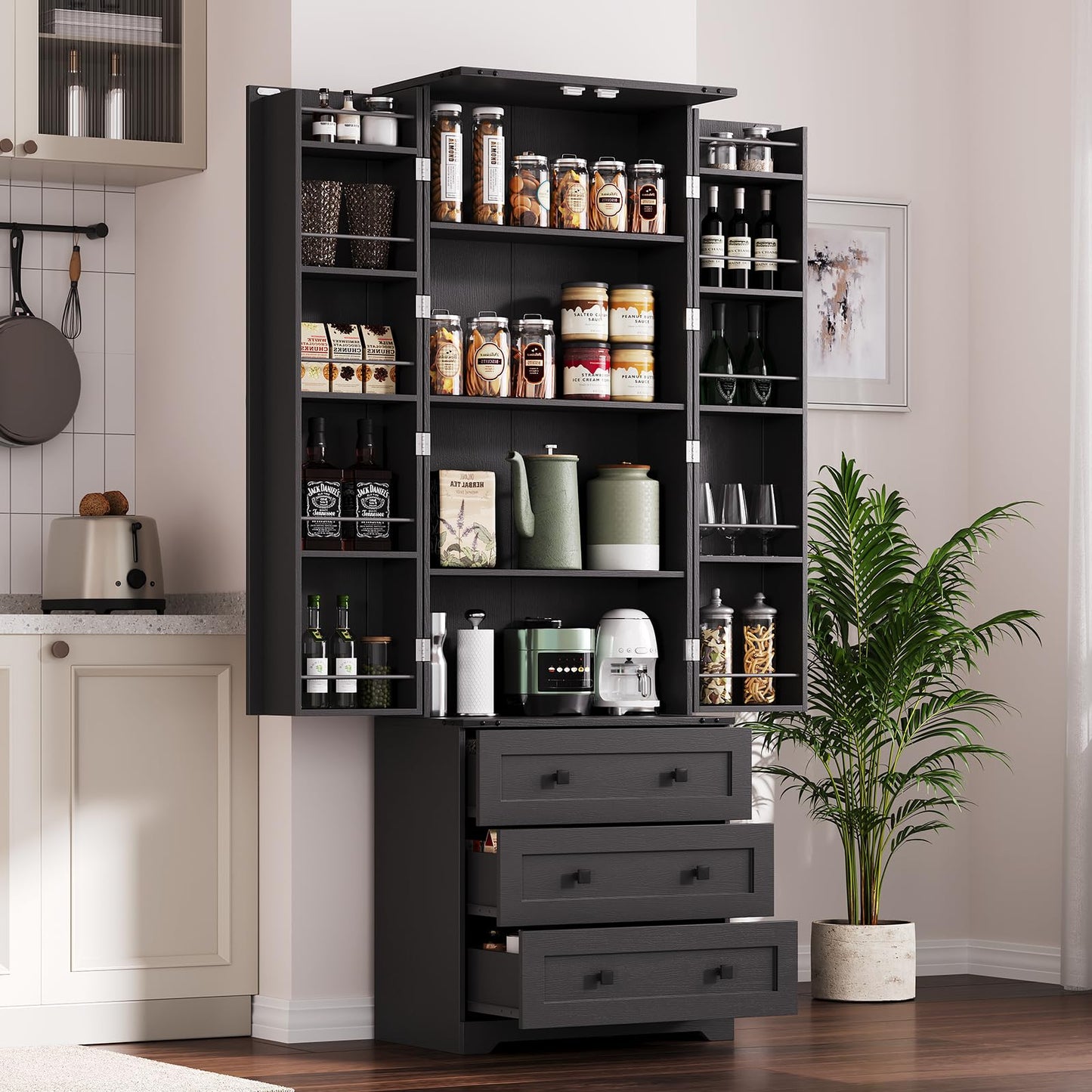 Garvee 72'' Tall Kitchen Pantry Cabinet, Freestanding Tall Cupboard Storage Cabinet with 3 Drawers, Adjustable Shelves, Large Farmhouse Pantries for Living Room, Kitchen, Black