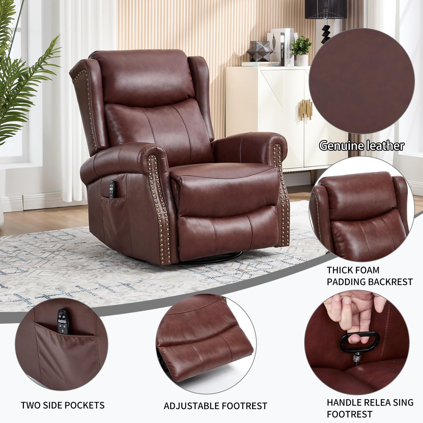 GDFStudio Heat Massage Manual Recliner Chair with Rocking and 360° Swivel Base, Genuine Leather Recliner Chair with Lumbar Heat, 8-Point Vibration Massage, 155° Reclining Living Room Chair, Wine Red