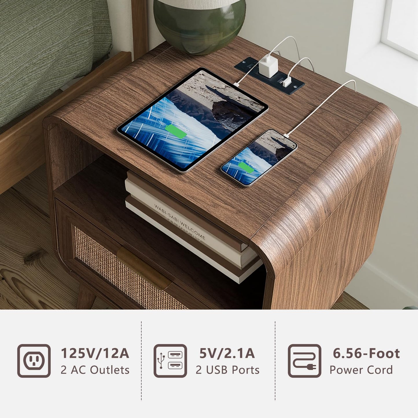 FORTUNETEC 55" Rattan 9 Drawer Dresser, Modern Farmhouse & Boho Wooden Chest of Drawers with Walnut Wood Grain, Multifunctional Storage Bedroom Set for Bedroom, Living Room, TV Stand