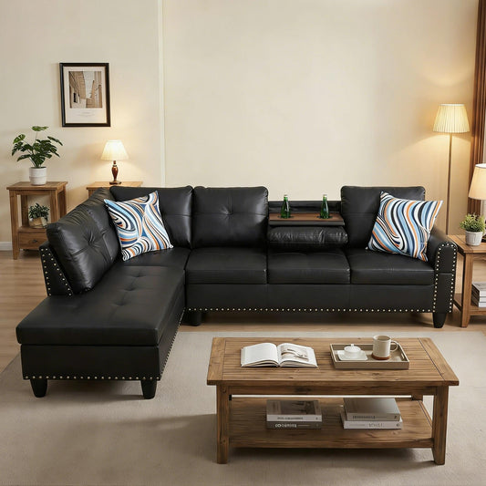 Trygoal L-Shaped Sectional Sofa with Cup Holder, Leather 4-Seat Couch with Chaise Lounge, Modern Upholstered Living Room Furniture, Black