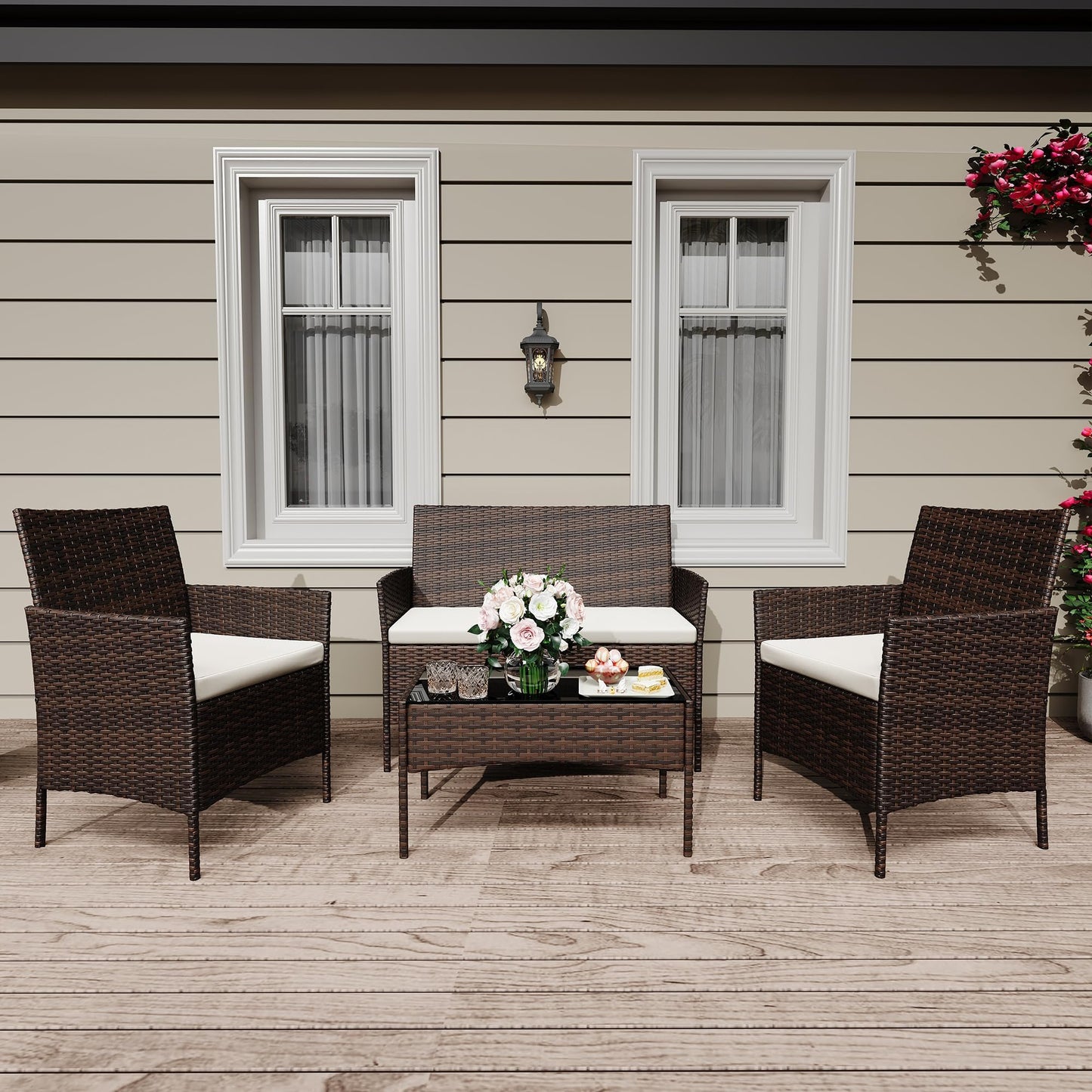 GarveeHome 4-Piece Patio Furniture Set, Outdoor Conversation Set with Coffee Table, All-Weather PE Rattan Wicker & Steel Frame, Modern Seating for Garden, Porch, Lawn, Balcony(Brown & Beige)