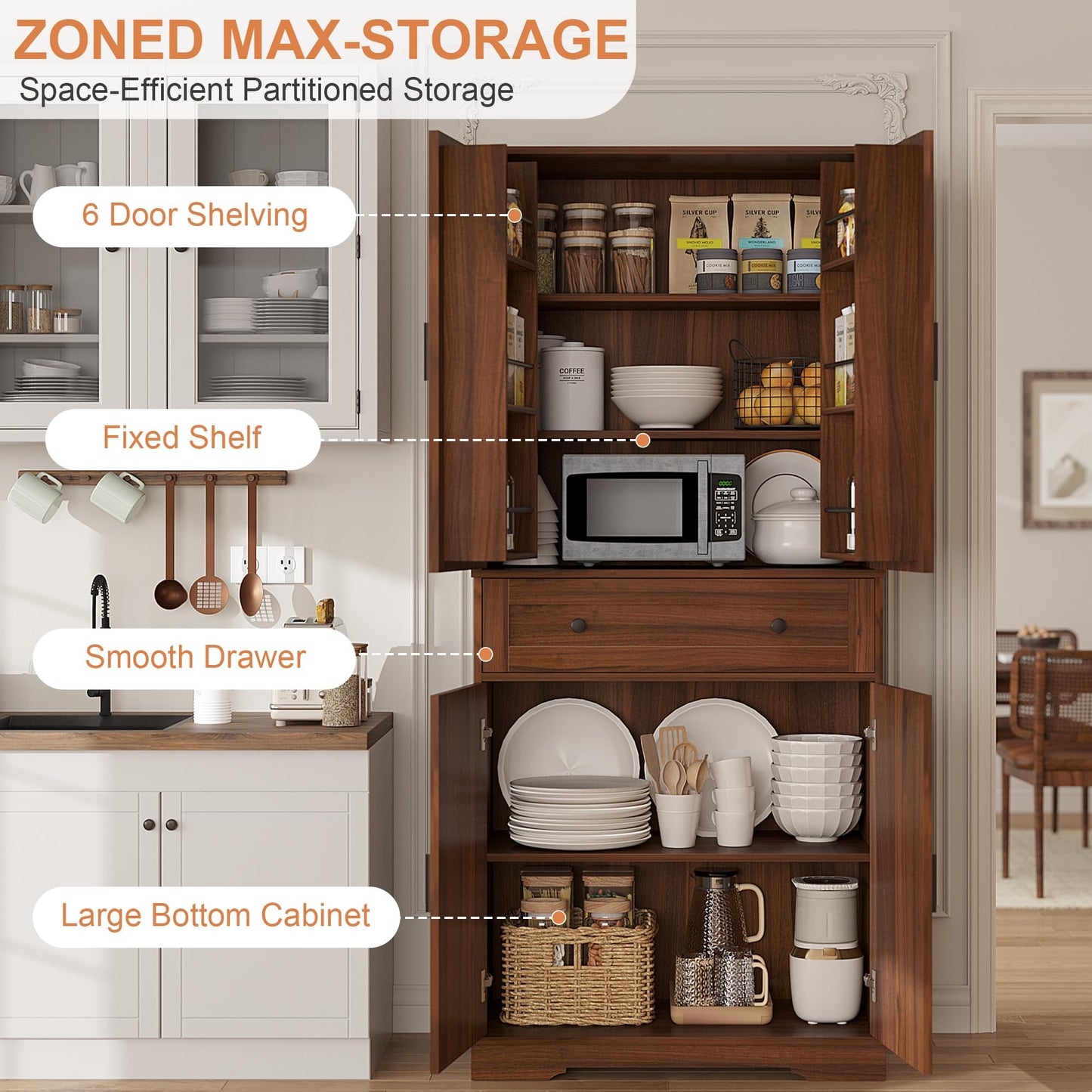 Garvee 71" Kitchen Pantry Cabinet, Barn Door Freestanding Cupboard with Drawer, Sliding Storage Rack, and 6 Hanging Shelves for Kitchen, Dining Room, Living Room Bedroom