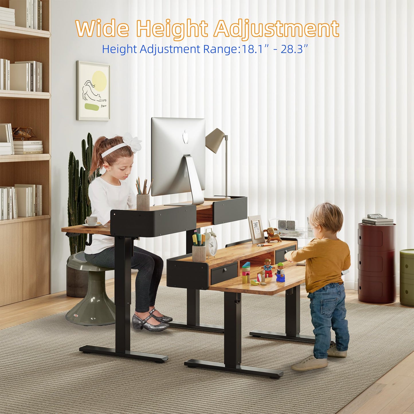 YIHAYO Low Height Adjustable Desk with Drawers, Lifts 18.1-28.3 Inches, Electric Standing Desk with Storage Shelf for short people, 40 x 24 Inches Table with Splice Board for Home Office, Rustic Brown