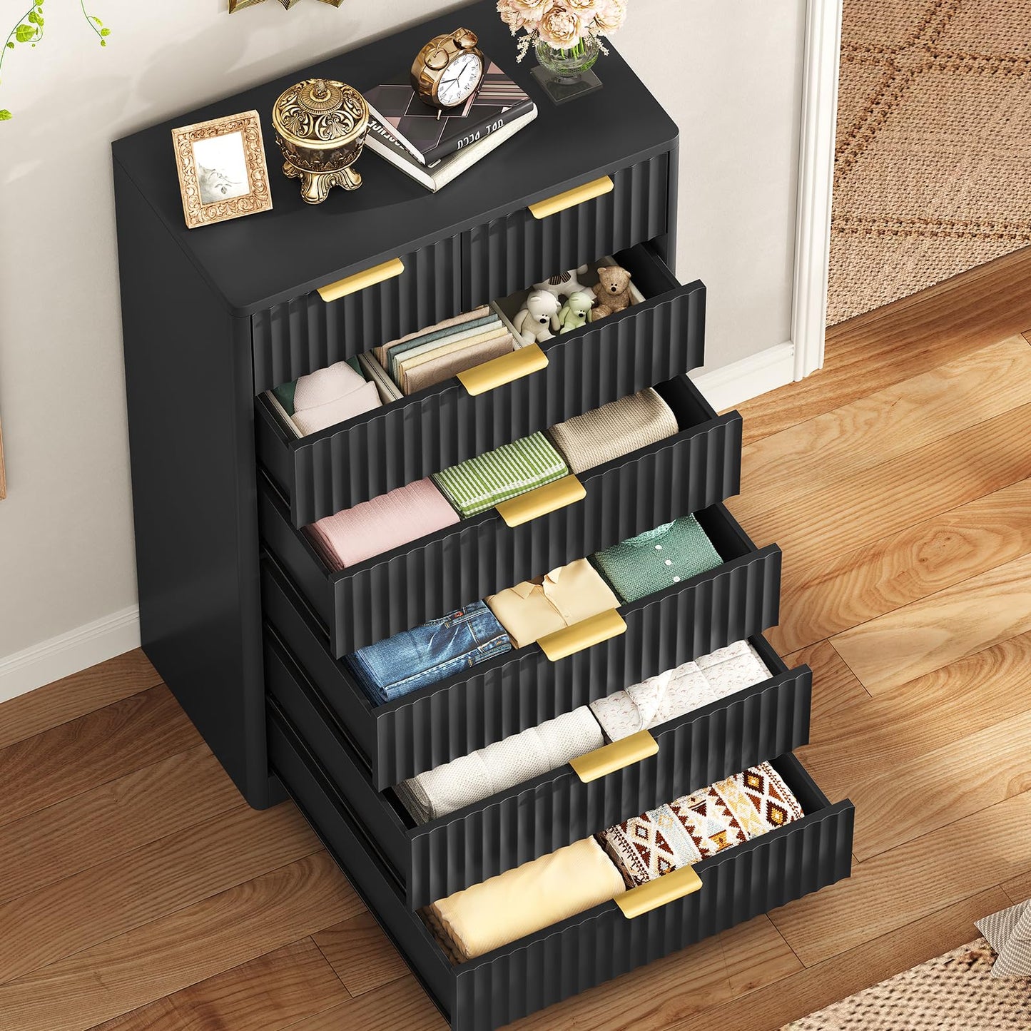 TEENOFN Fluted Dresser for Bedroom with 7 Drawers, 48" Tall Modern Chest of Drawers with Metal Handle, Wooden Dresser TV Stand, Wood Closet Clothes Storage Organizer for Living Room, Hallway, Black