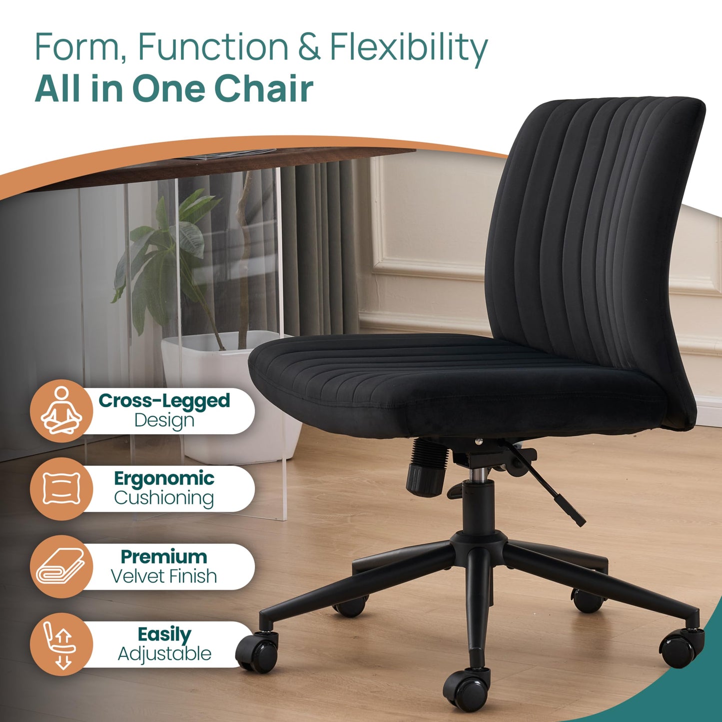 NYPOT Armless Desk Chair with Wheels for Criss Cross Sitting - Cross Legged Wide Armless Chair - Adjustable Vanity 360° Swivel Stool and 120° Rocking Wide Seat Comfy for Home and Office, Black Velvet