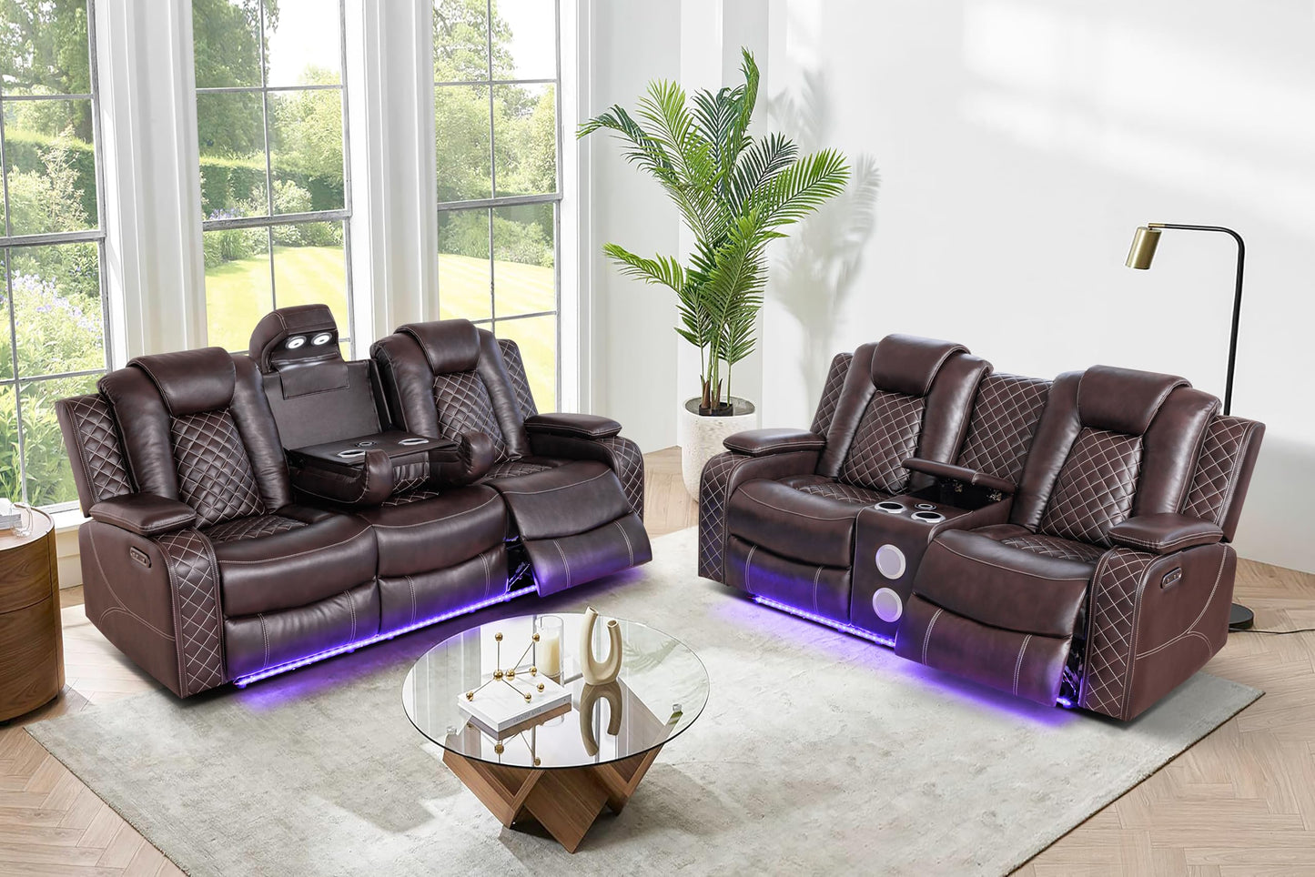 Ball & Cast Power Recliner Sofa Set Leather Reclining Couch Home Theater Seating 3PCS Recliner Couch Loveseat & Chair Sets with USB Ports,Wireless Charing,Cup Holders for Home Theater,Living Room