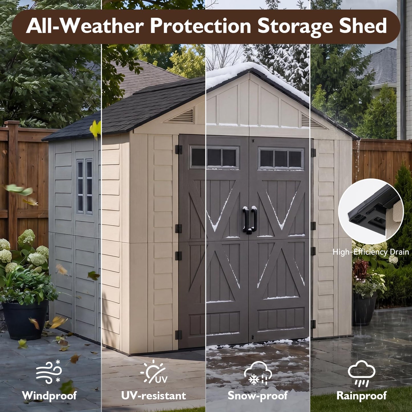 LazySunsets 8x8 Ft Outdoor Storage Shed, Large Resin Outdoor Shed with Floor Included, 2 Windows & Lockable Door, Garden Plastic Storage Sheds for Bike, Lawn Tools, Garbage Can