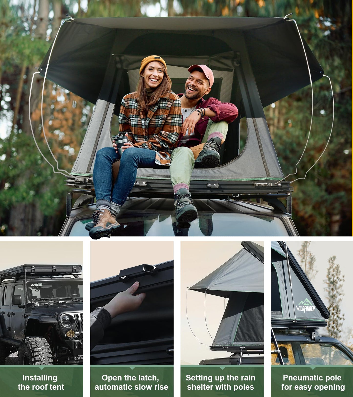 WildFinder Rooftop Tent Hard Shell Roof Top Tent Hardshell Suitable for Jeep SUV Truck Van, 2-3 Person, Gray