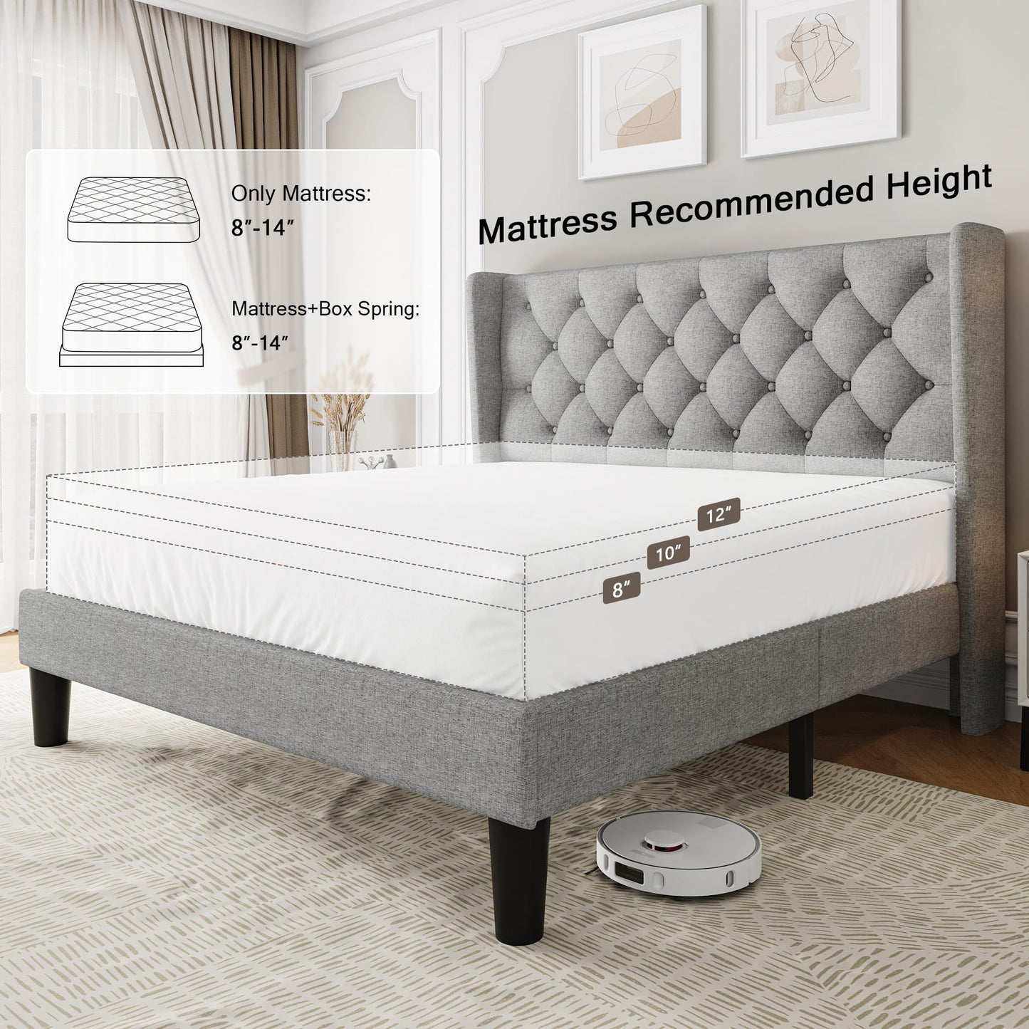 Einhomn Queen Size Platform Bed Frame with Fabric Upholstered Wingback Headboard, 9" Under Bed Space, Wooden & Metal Slats Support, No Box Spring Needed, Light Gray