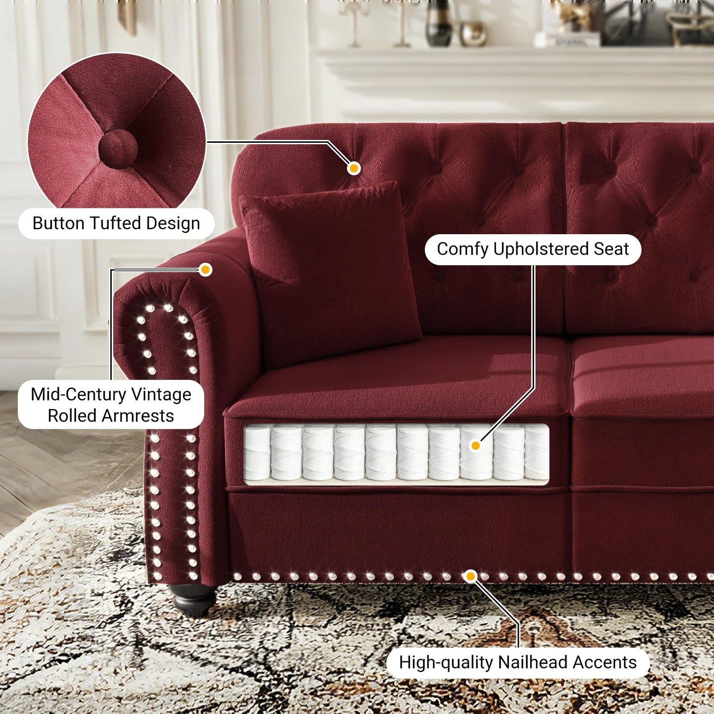 KEIKI 3-Piece Chesterfield Sofa Set with 1 Velvet 3-Seater Sofa & 1 Loveseat & 1 Single Sofa, 6-Seater Couch Set with Nailhead Trim & Rolled Arms & 1 Ottoman & 6 Pillow, for Living Room, Burgundy