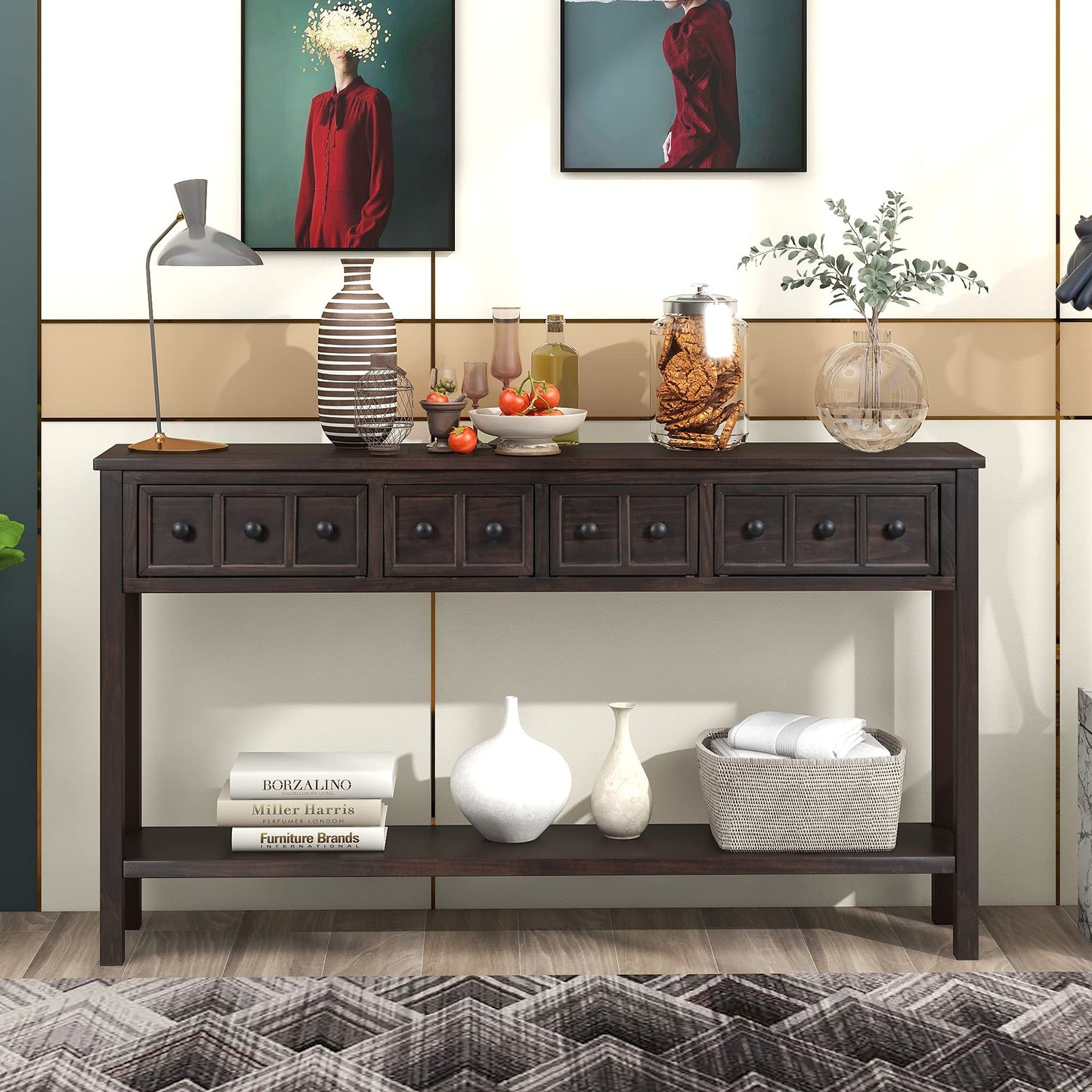 Merax Wood Narrow Console Table with Drawers and Bottom Shelf for Entryway Hallway Front Door Espresso