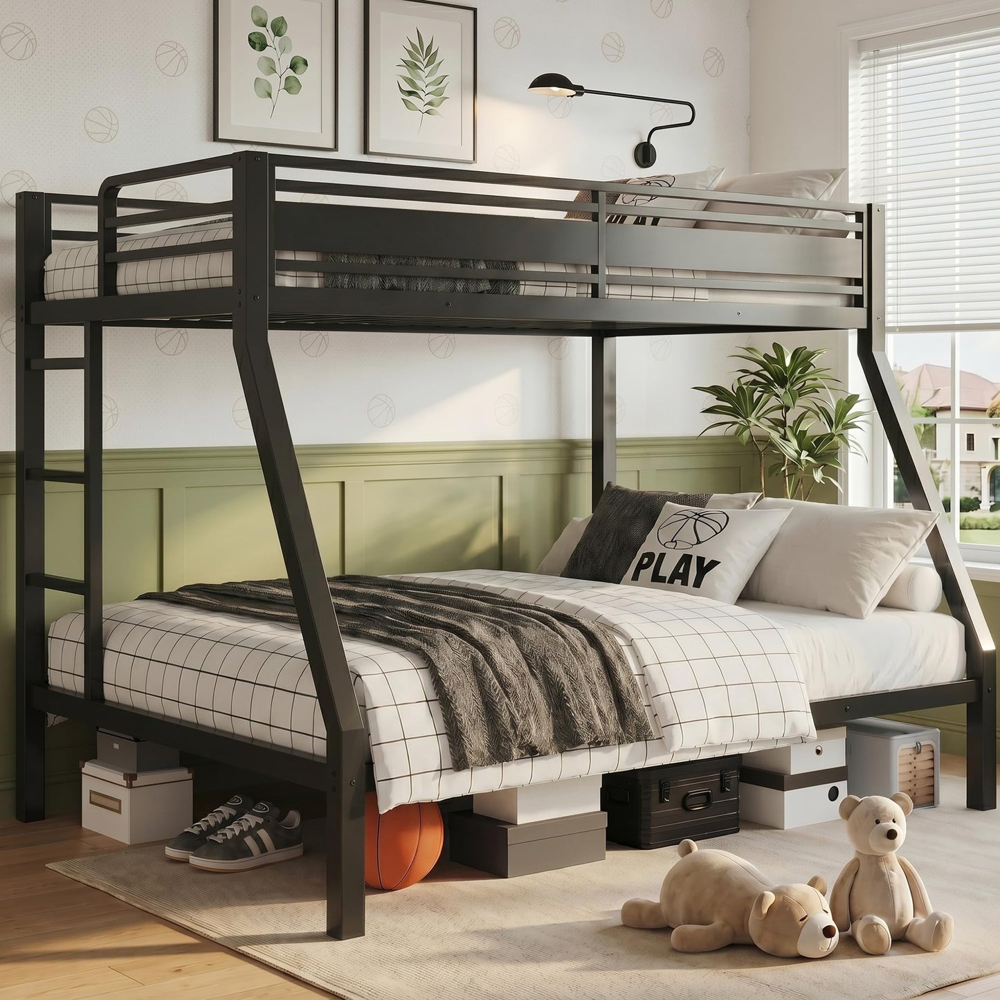 iPormis Heavy Duty Twin Over Full Bunk Beds, Metal Twin Bunk Bed Frame with 12.8" Guardrails, Loft Bed Frame for Kids and Teens, Reversible Ladder, Under Bed Storage Space, No Box Spring Needed, Black