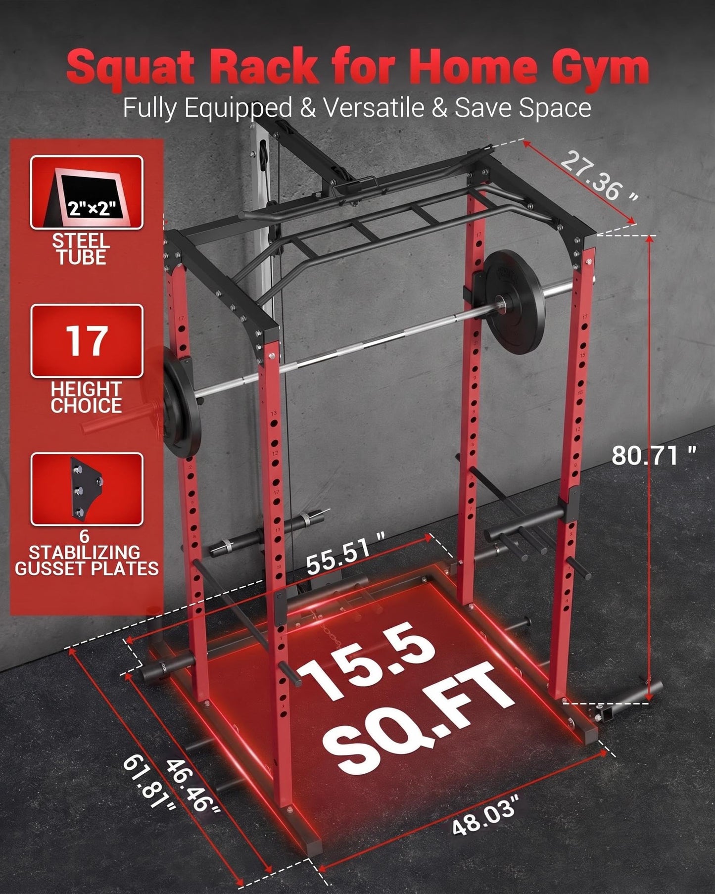 GarveeLife Power Cage, Power Racks for Home Gym with Pulley System, 1200 LBS Weight Capacity Multi-Functional Squat Rack for Strength Workout with More Training Attachment (Red D1002)