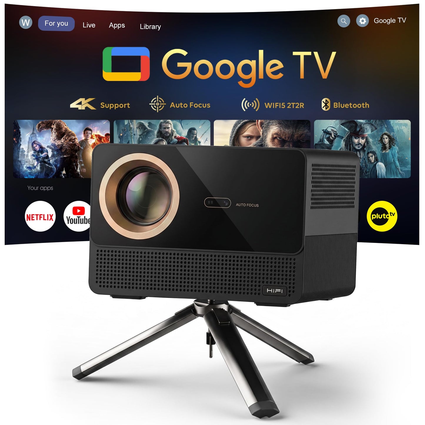 Ecosky 3500 ANSI Lumens Licensed Google TV Projector, Native 1080P 4K Supported Smart Projector with Auto Focus, Keystone, WiFi Bluetooth for Bedroom Home Theater Outdoor Movies