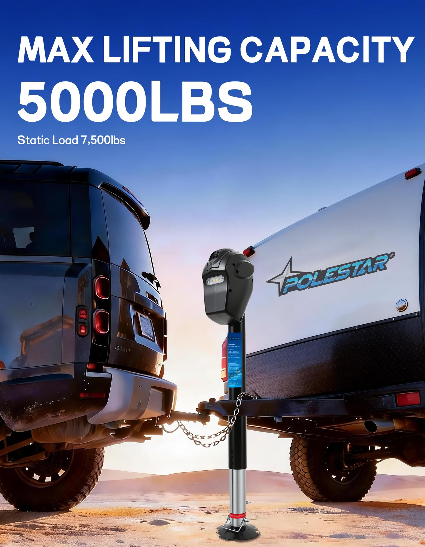 POLESTAR Electric Trailer Jack, 5000lbs Electric Power A-Frame Tongue Jack with Waterproof Protective Cover & LED Light for Travel Trailer Camper, RV, 12V DC with Hard Wiring, 9"-27" Lift