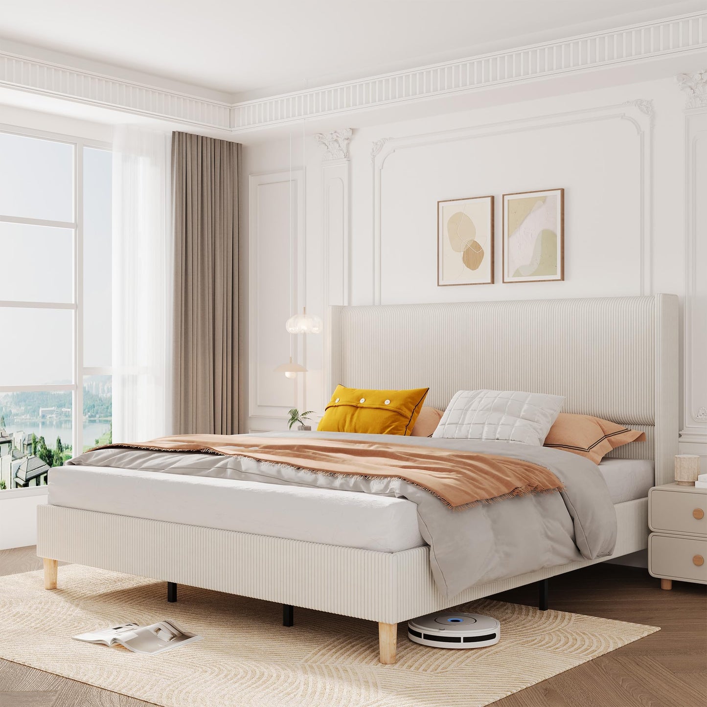 Garvee King Bed Frame with 50" Tall Wingback Headboard, Corduroy Upholstered Platform King Size Bed Frame, No Box Spring Needed, Sturdy Wooden Slats, Noise Free, Cream
