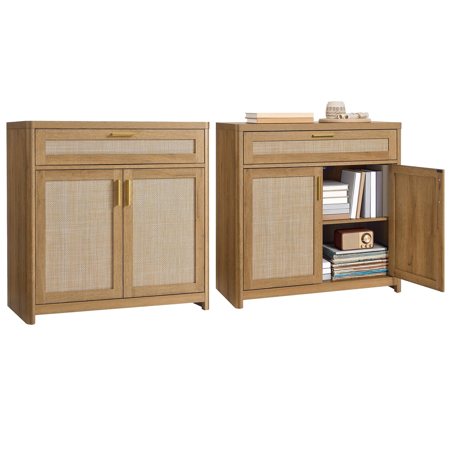 VASAGLE ELLAN Collection - Boho Buffet Cabinets with Rattan-Look Doors, Sideboard Storage Cabinet, Rounded Corners, Adjustable Shelf, Drawer, for Dining Room, Set of 2, Natural Brown UBBK601KC01-2J