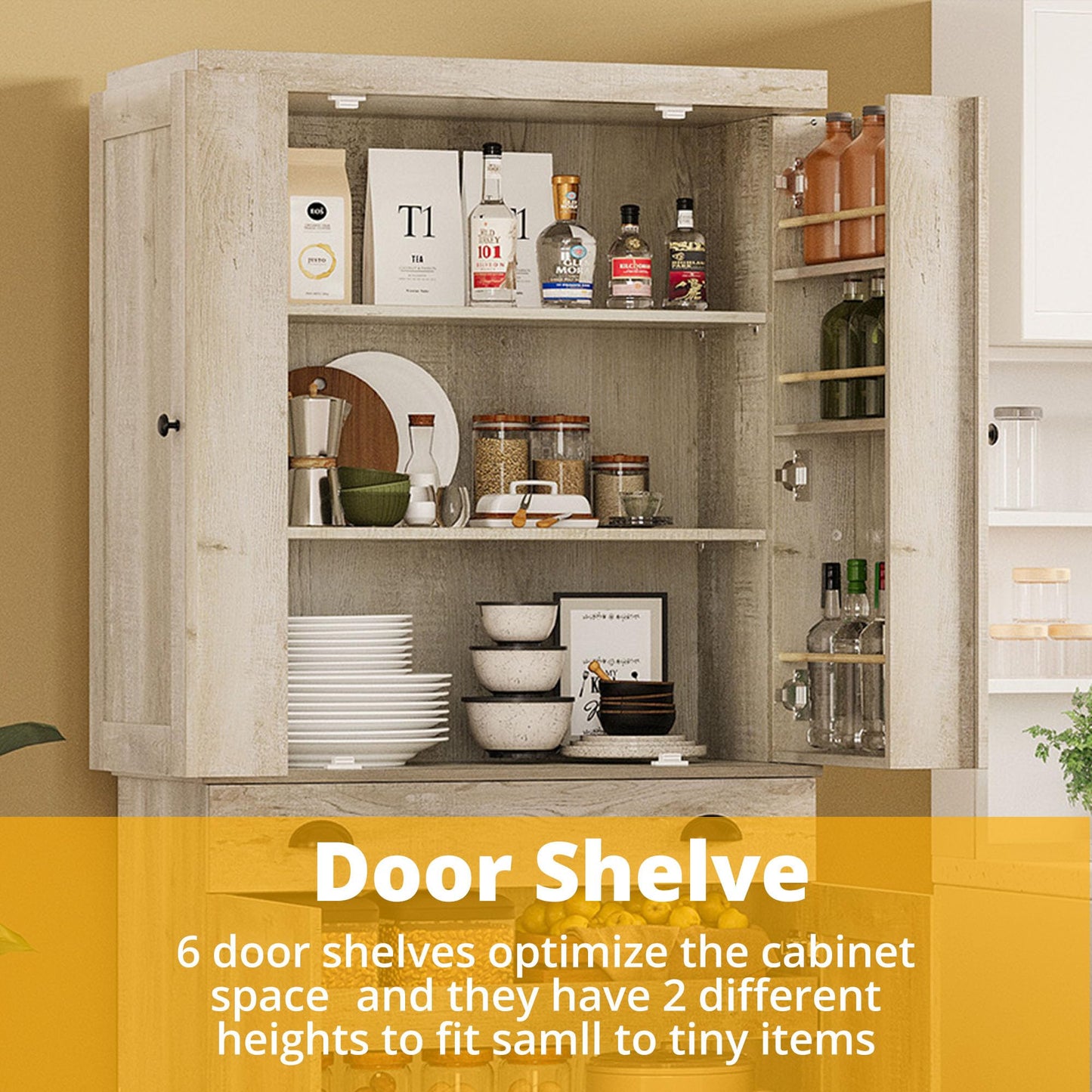 IRONCK Kitchen Pantry Cabinet 72" Height, Freestanding Cupboard with Drawer, Sliding Storage Rack, and 6 Hanging Shelves for Dining Room, Laundry, Rustic Maple