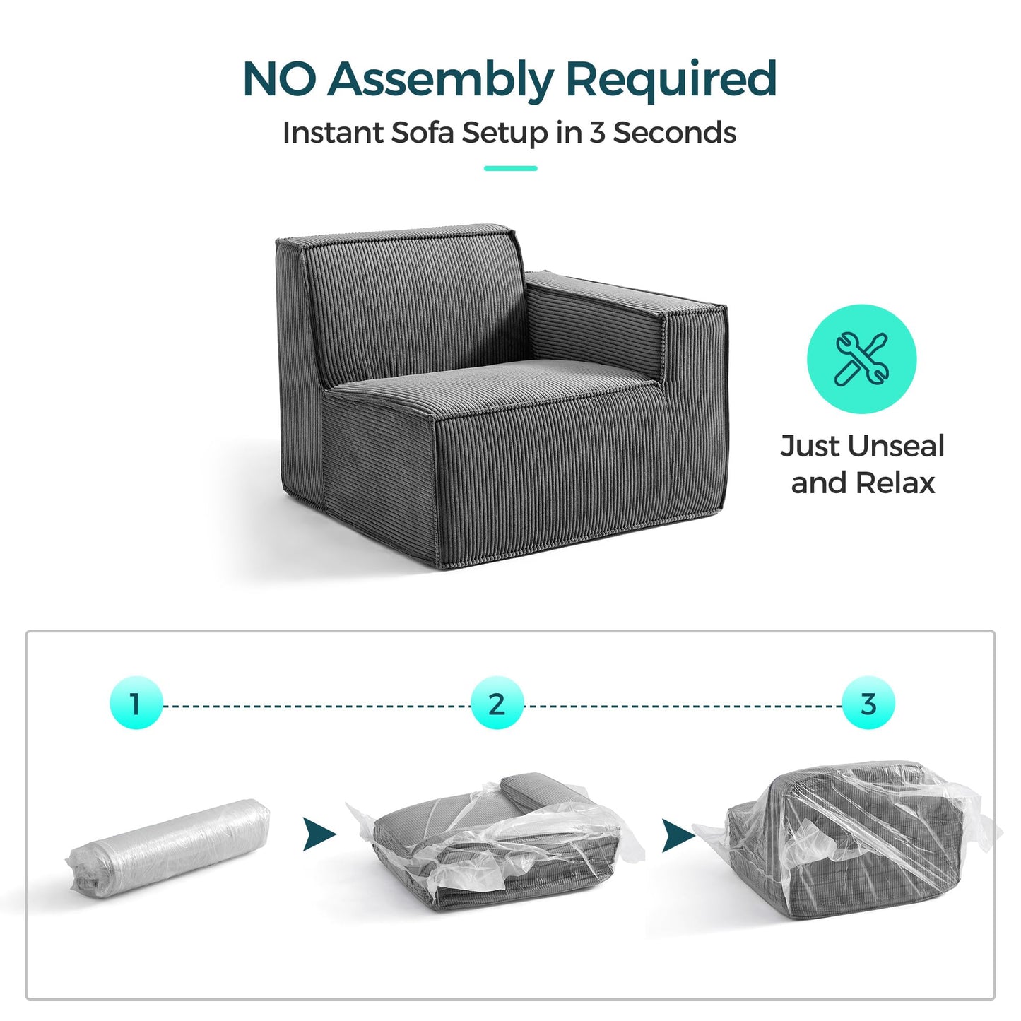 LINSY HOME Modular Sectional Sofa, 105" Boneless Couch L Shaped 3-Seat Sofa with Movable Ottoman, Corduroy Sectional Cloud Couches for Living Room, No Assembly Required, Grey